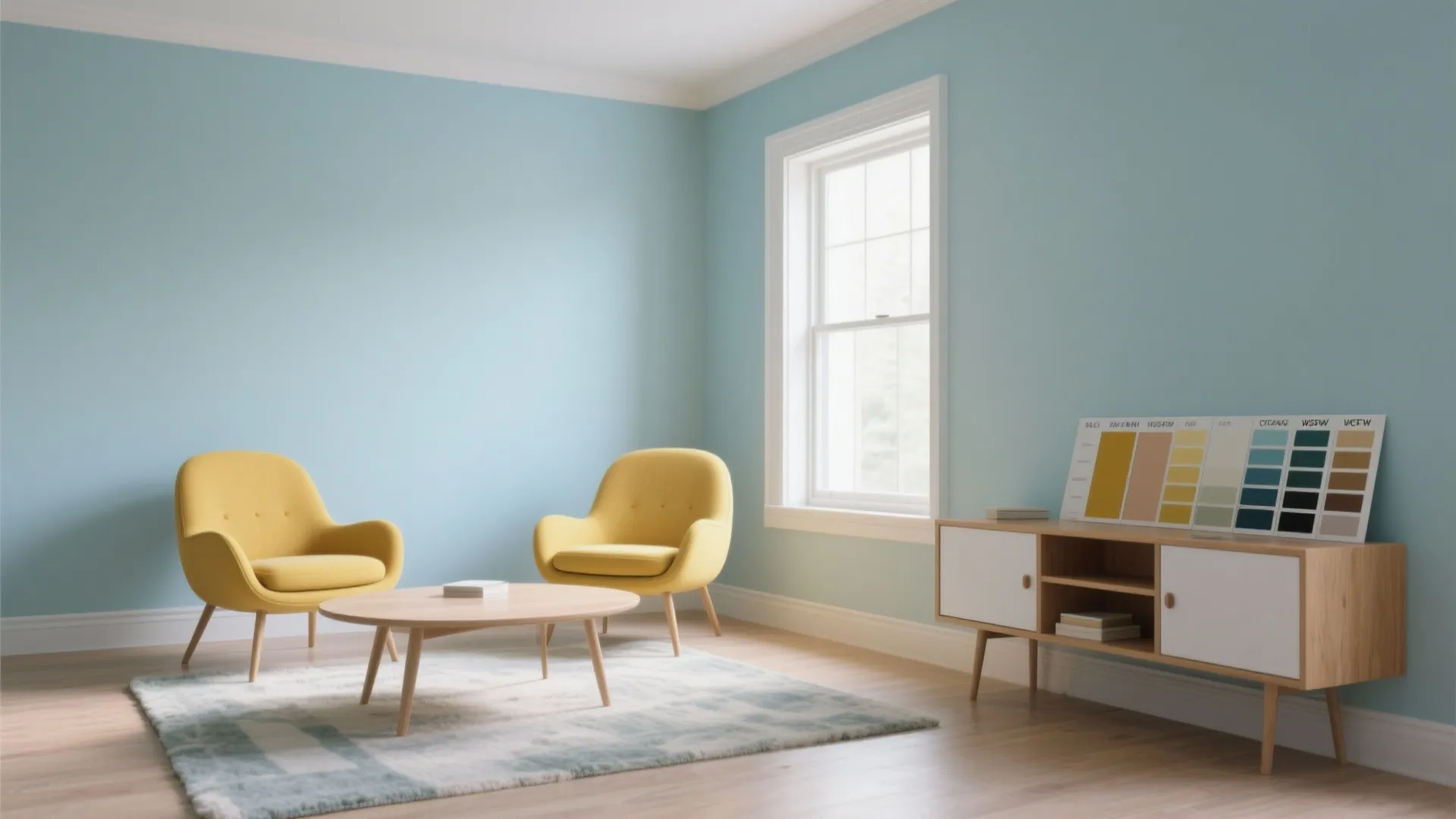 1. Soft Powder Blue Walls with Sunny Accent Chairs