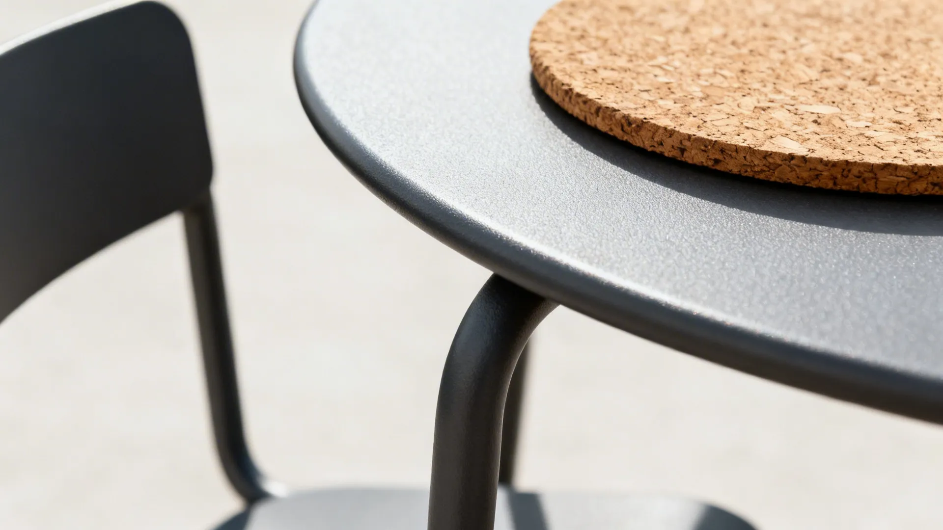 Close-up of a powder-coated steel bistro chair and table edge with a cork placemat.