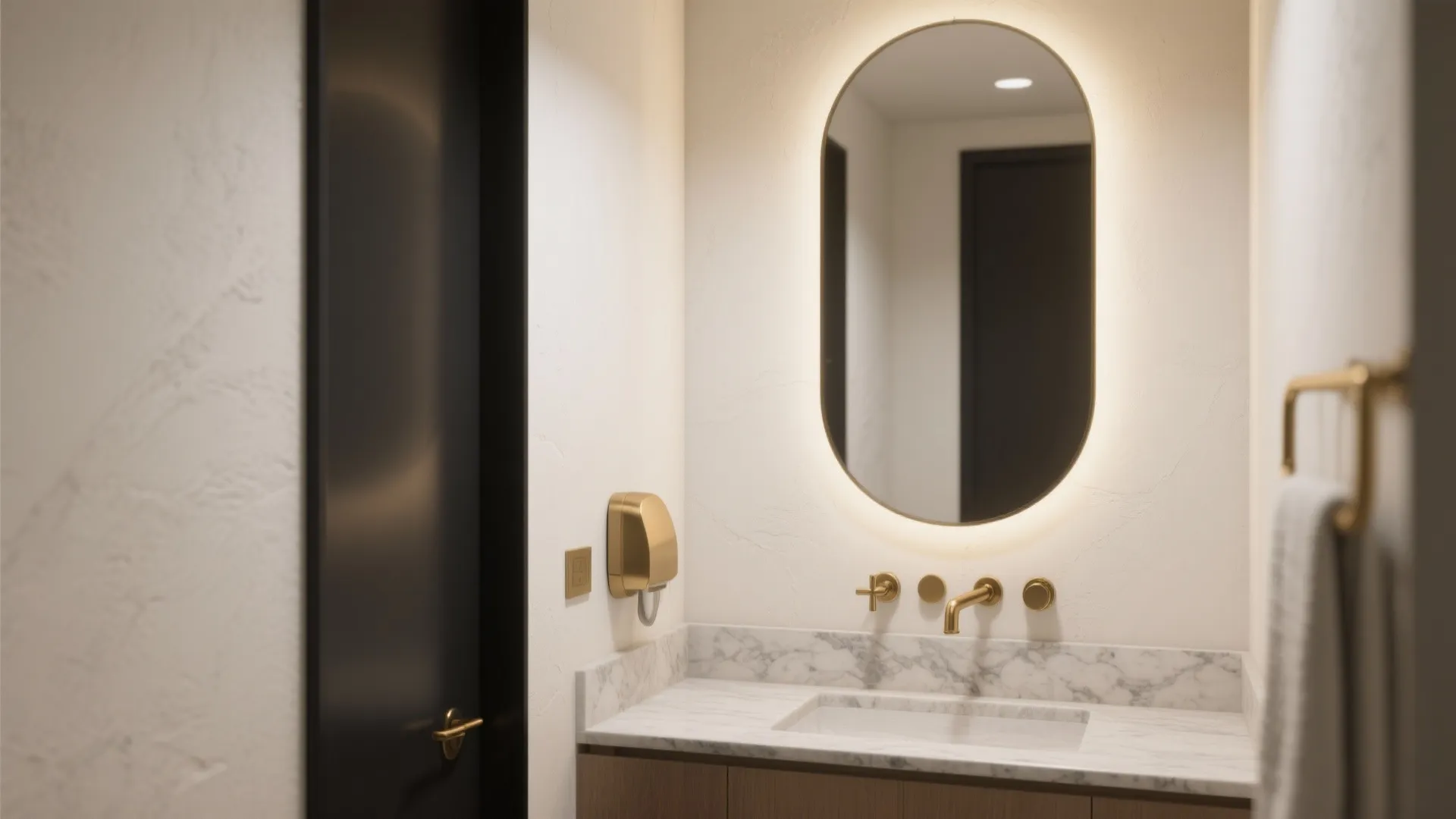 Oval bathroom mirror with back light over marble counter with gold faucet and hanging towel