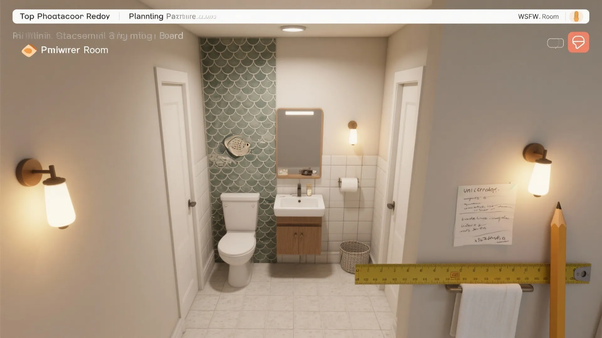 Top-down planning board showing a fish-scale feature wall layout for a tiny powder room.