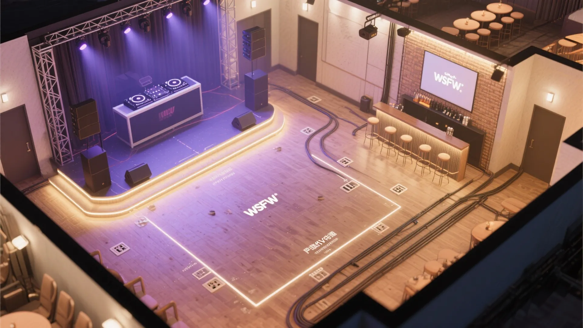 Modern event stage with DJ booth, purple lights, bar counter, speakers, and glowing dance floor