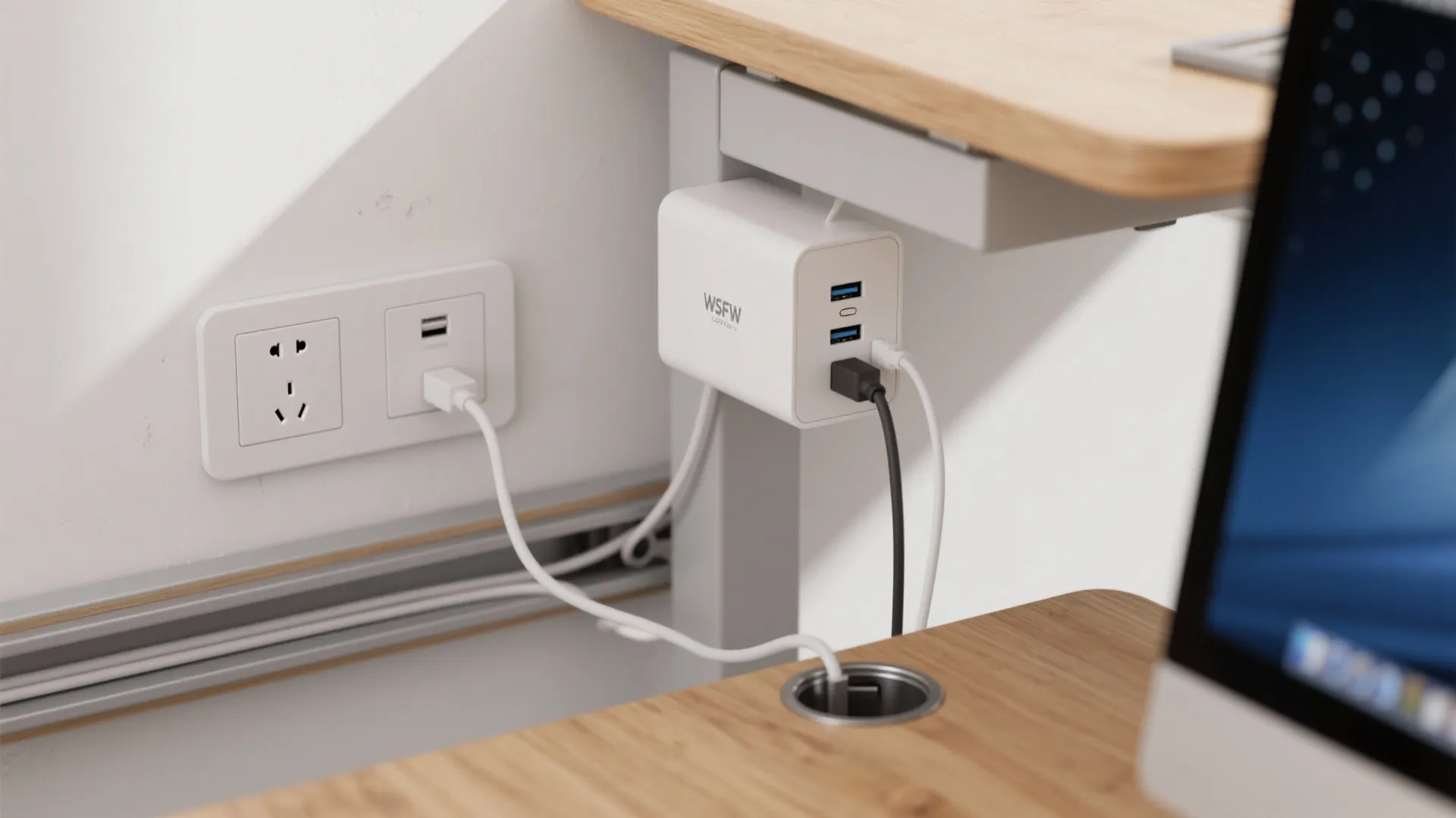 White power hub mounted under wooden desk connected to wall socket with several neat cables