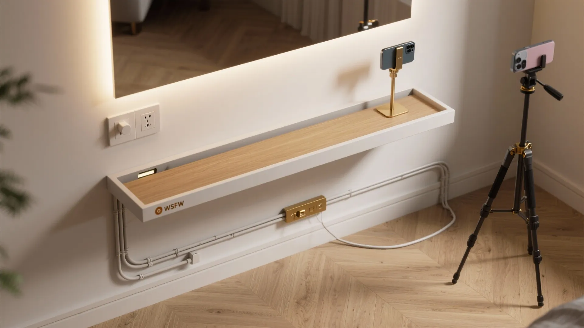 Floating white wall shelf with wood top showing power cables and phone tripod on floor