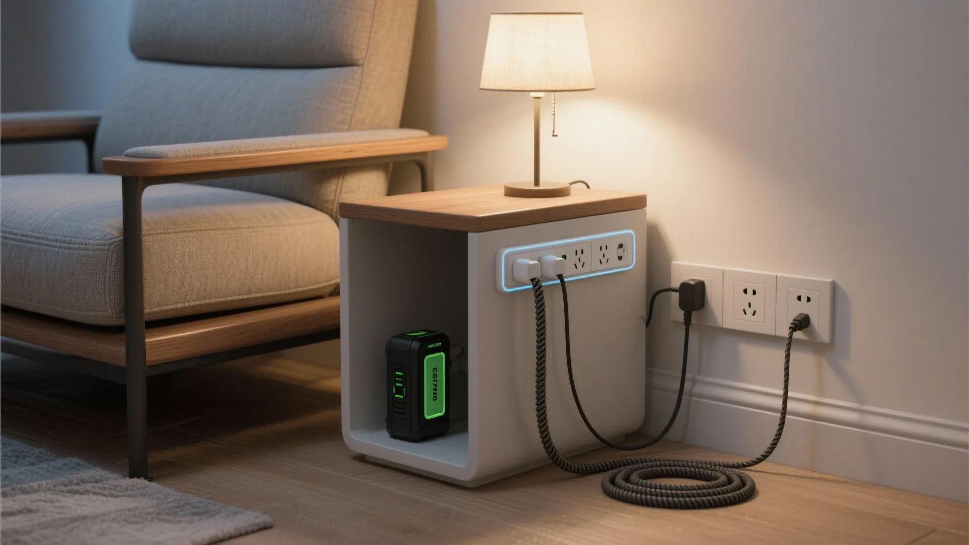 Detail of concealed power management for a compact recliner showing a low-profile side table, cord cover and tucked battery pack.