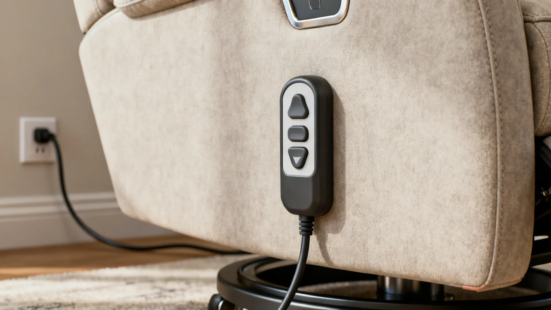 Close-up of compact power swivel recliner control panel and discreet outlet connection.
