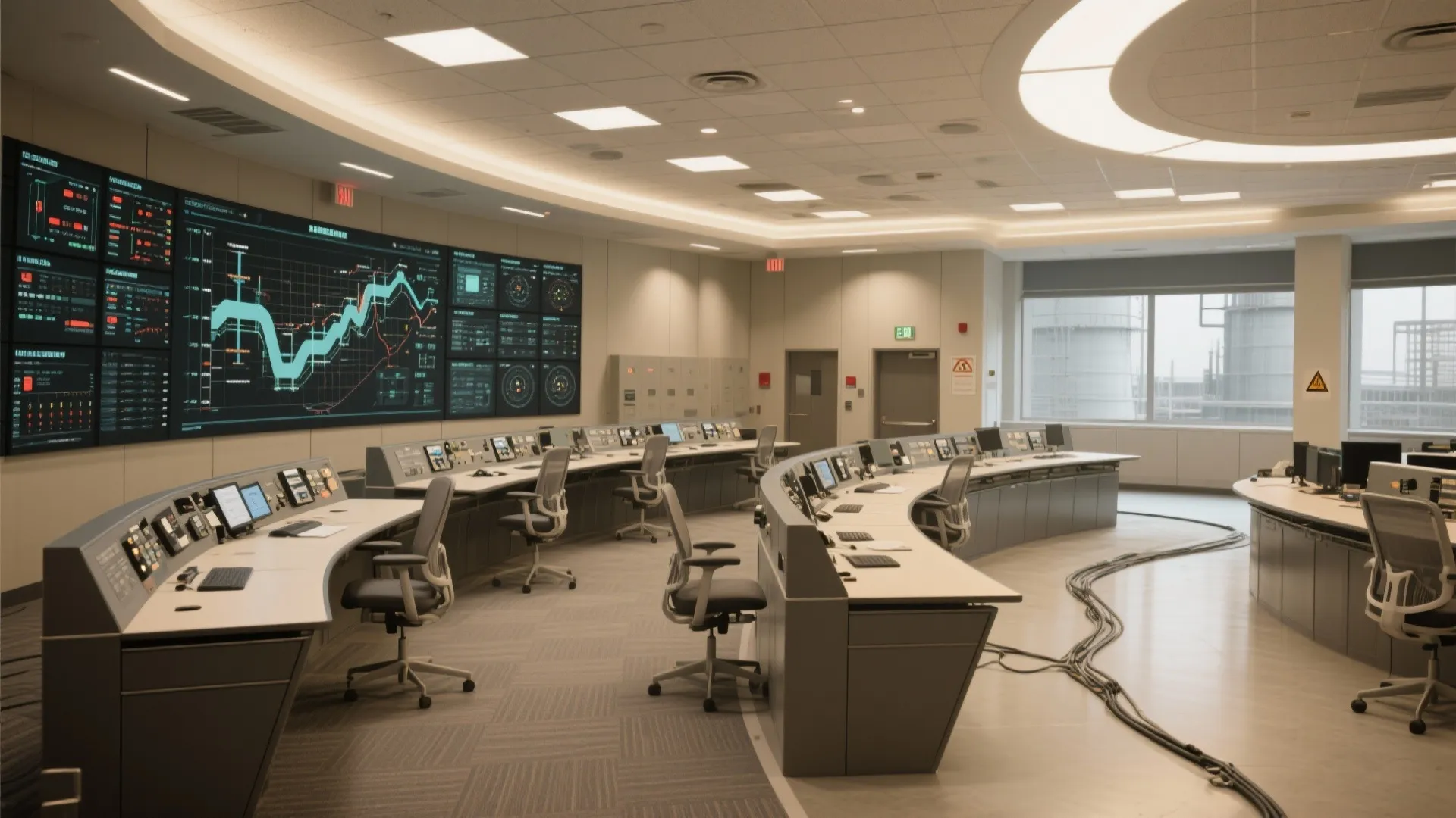 Modern control room with wall screens showing data graphs curved desks and grey office chairs