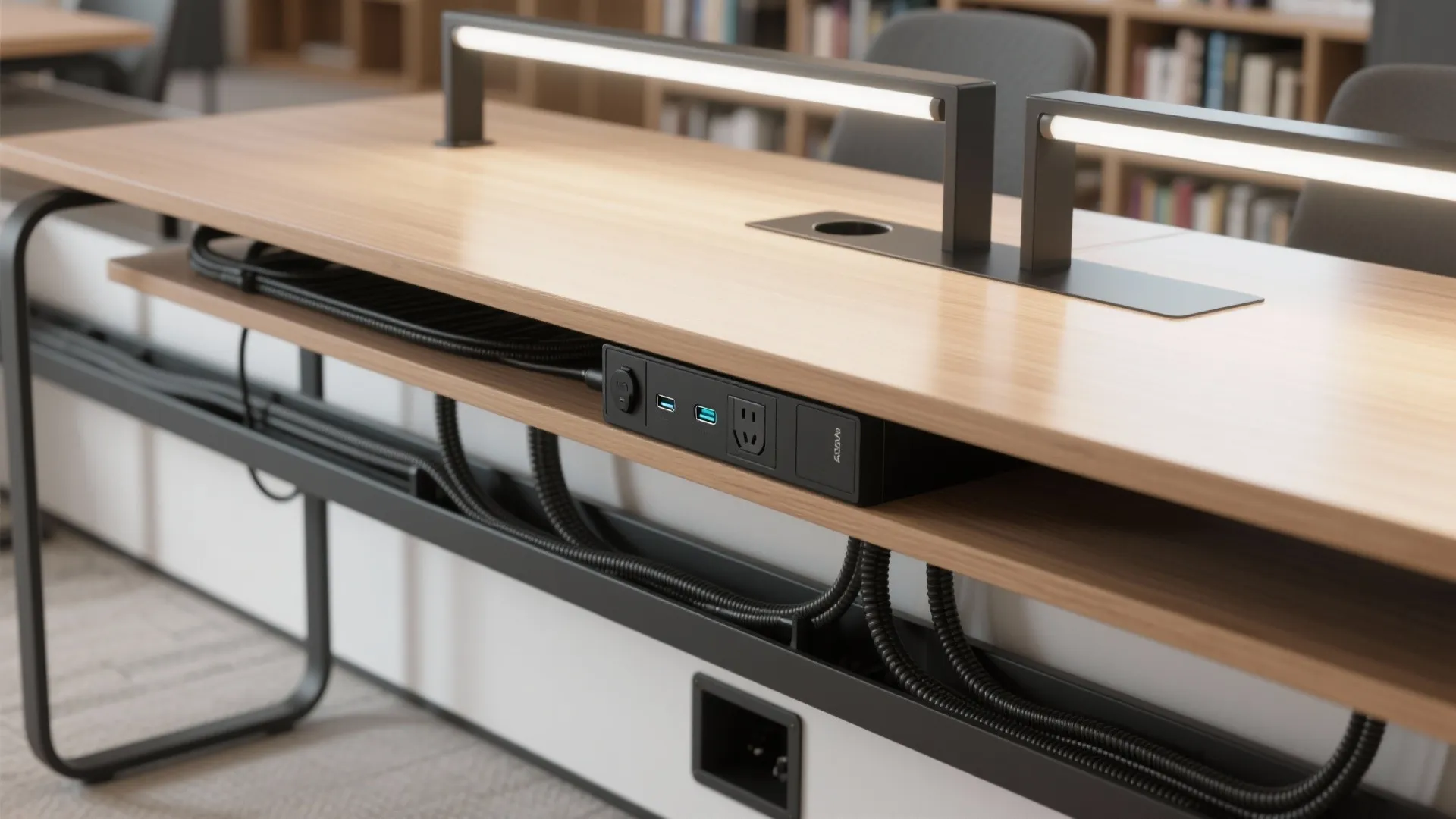 Close up of wooden office desk with power outlets usb ports and black wire cable management