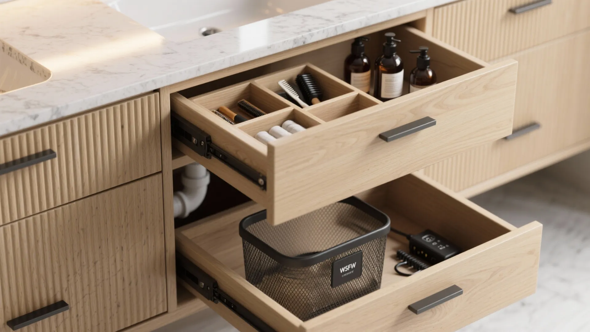 Open wooden bathroom cabinet drawer with organized storage sections for personal care products and basket