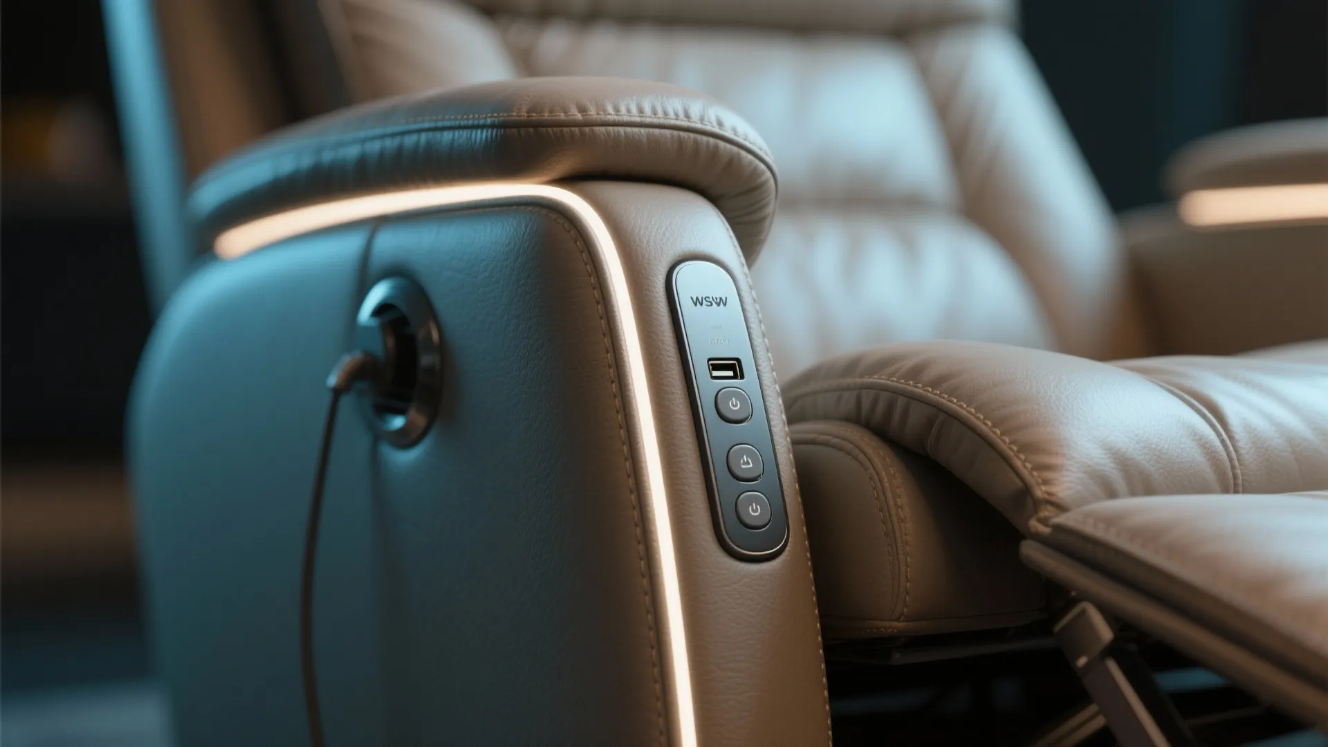 Close up of a leather sofa armrest with built in USB port and power control buttons