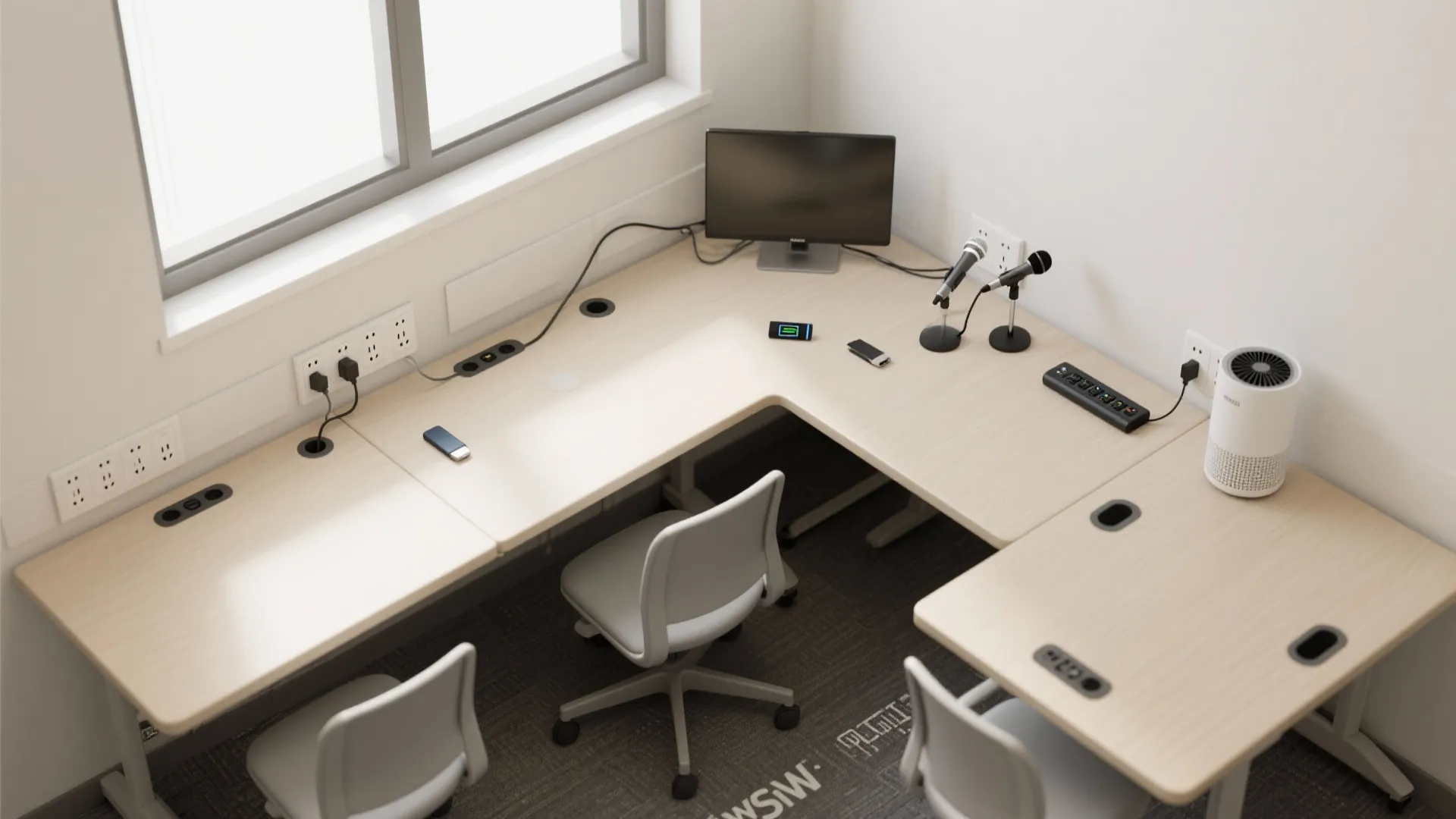 Top down interior design drawing of wooden office desks with chairs and various electronic devices