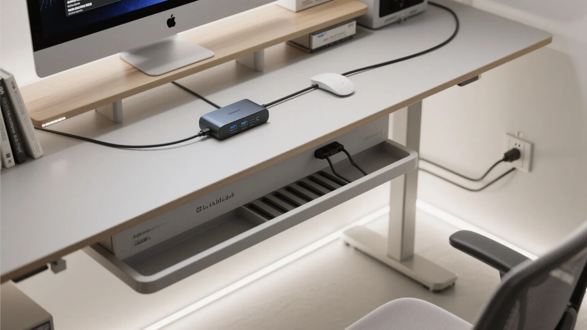 Modern white desk with computer monitor power hub cables and a hidden cable management tray system