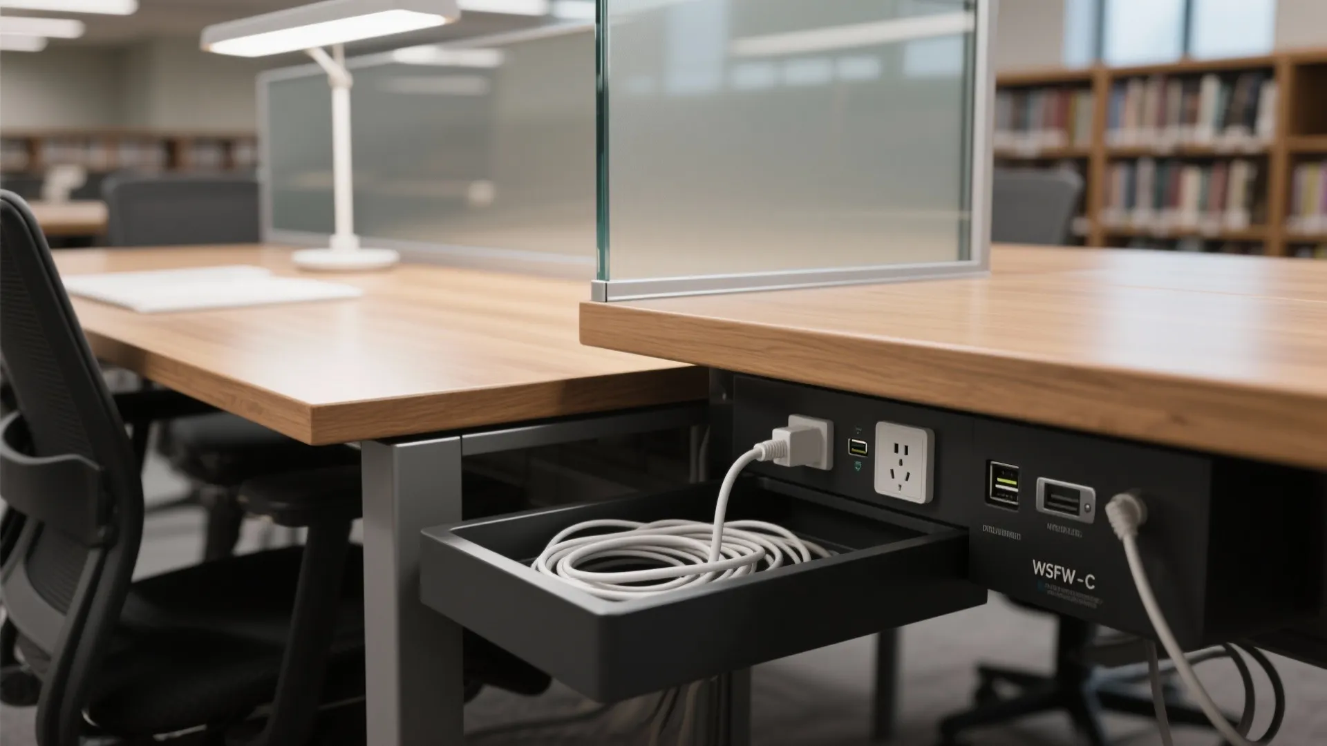 Wooden office desk with integrated power outlets usb ports cable management tray and glass divider