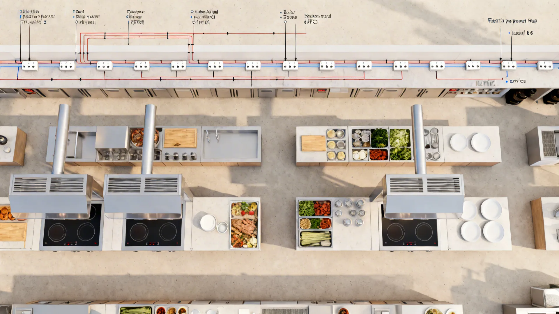 Top-down plan showing modular induction stations and frequent power outlets along the line.