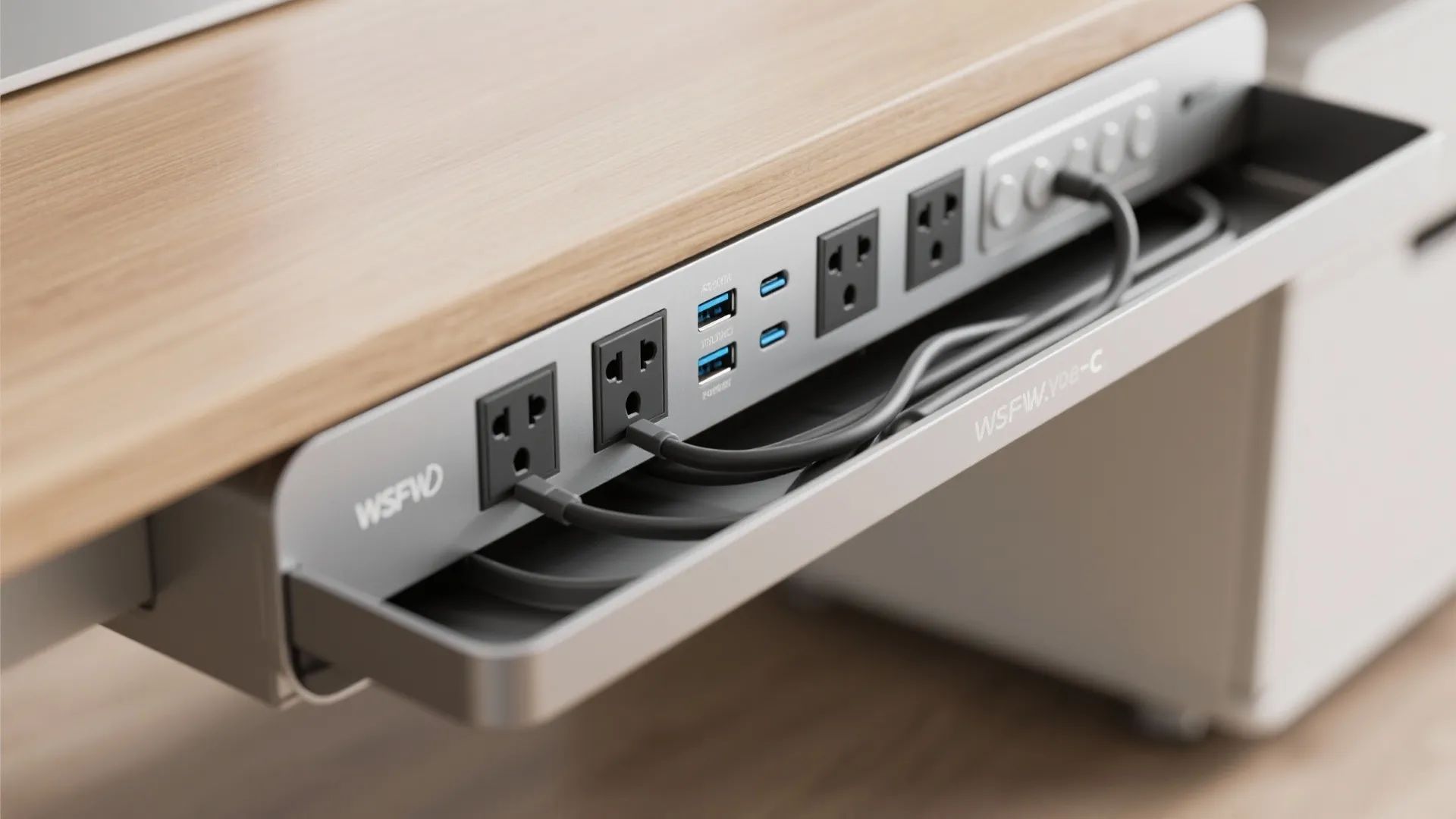Power outlet strip under wooden desk showing multiple black cables and several USB charging ports