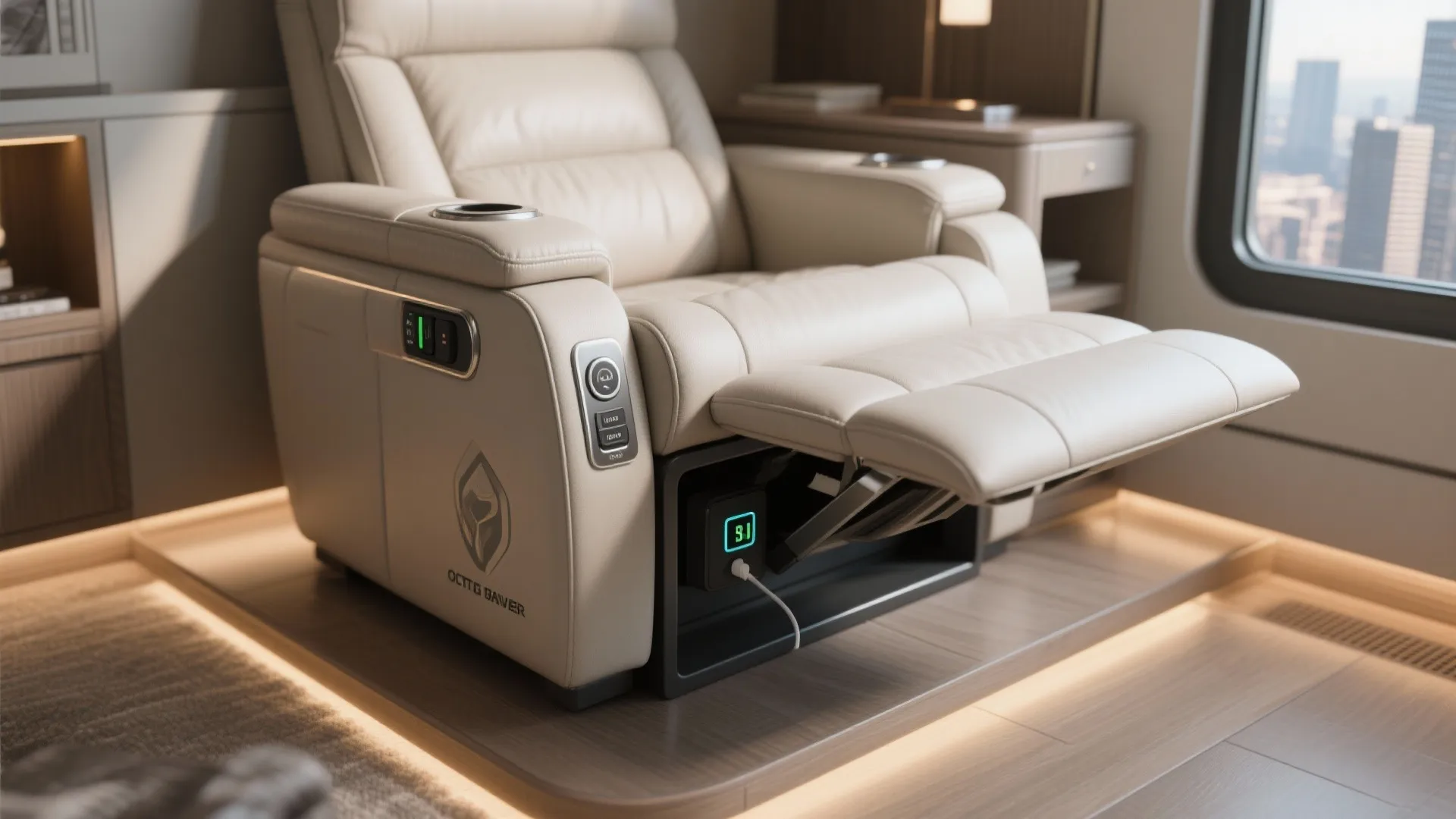 White leather chair with built in charging port and control buttons for easy home comfort