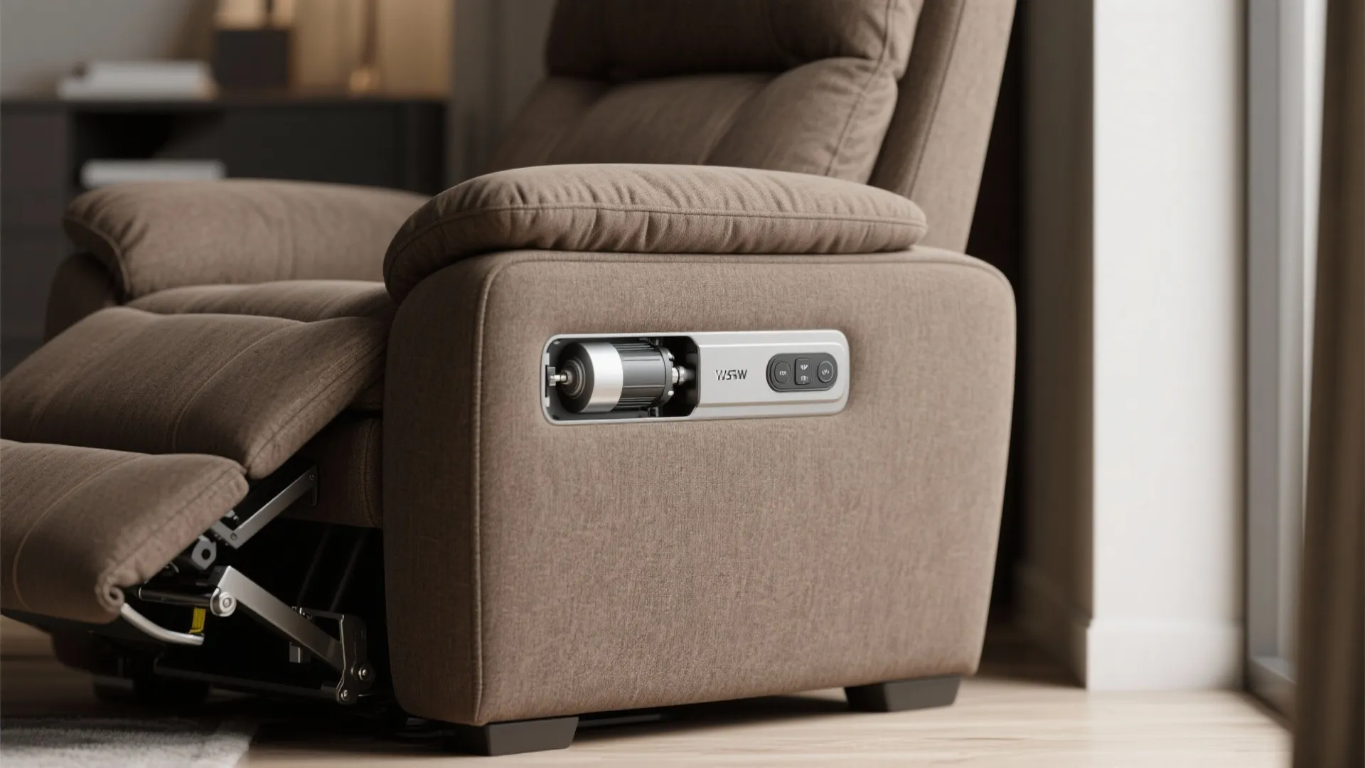Close up of a brown power recliner showing the motor and control buttons for adjustment