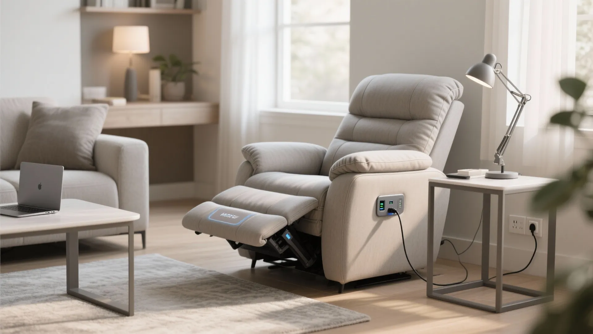 Compact power recliner with USB and tidy cord management in a small multi-use living room.