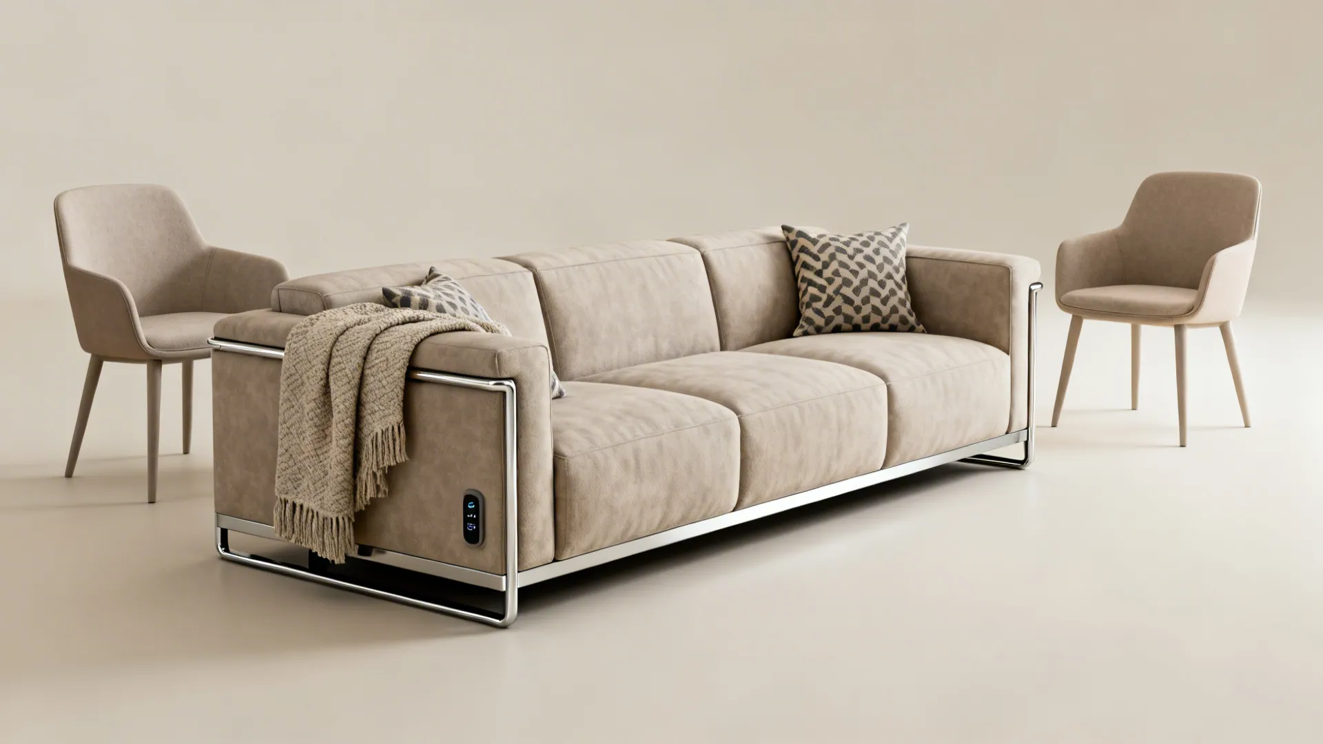 Beige three seat sofa with metal frame and two matching chairs in a bright room