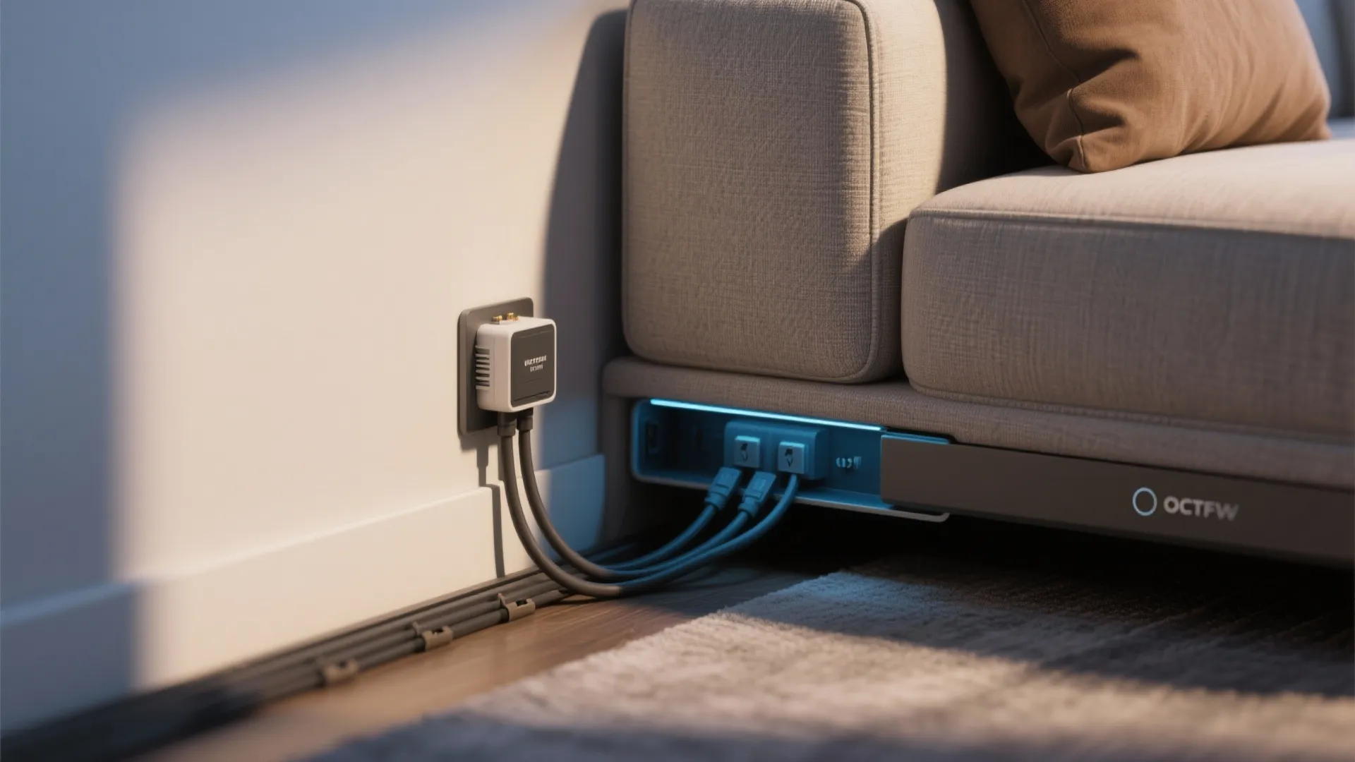 Modern sofa with built in power sockets and black electrical wires connected to wall outlet