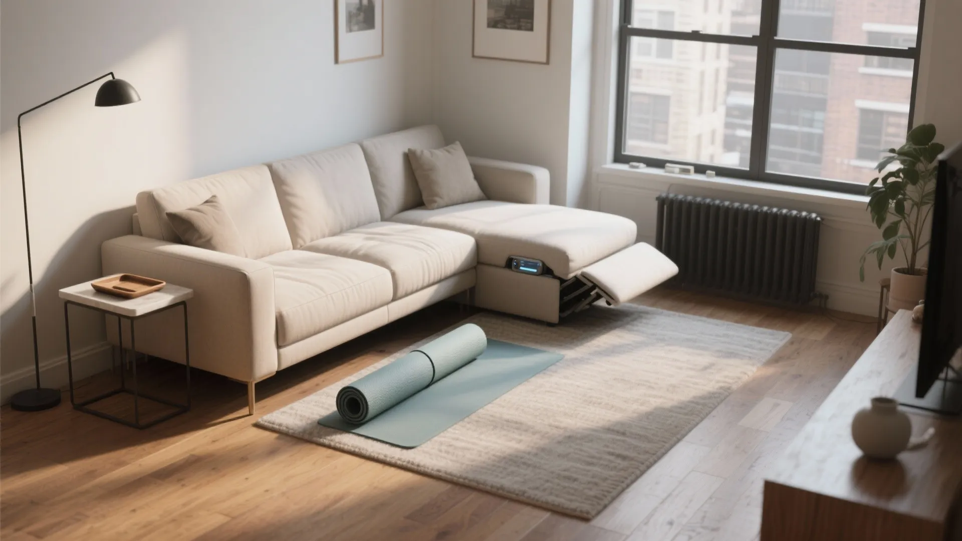 Modern cream sofa with power reclining footrest on rug in living room with yoga mat