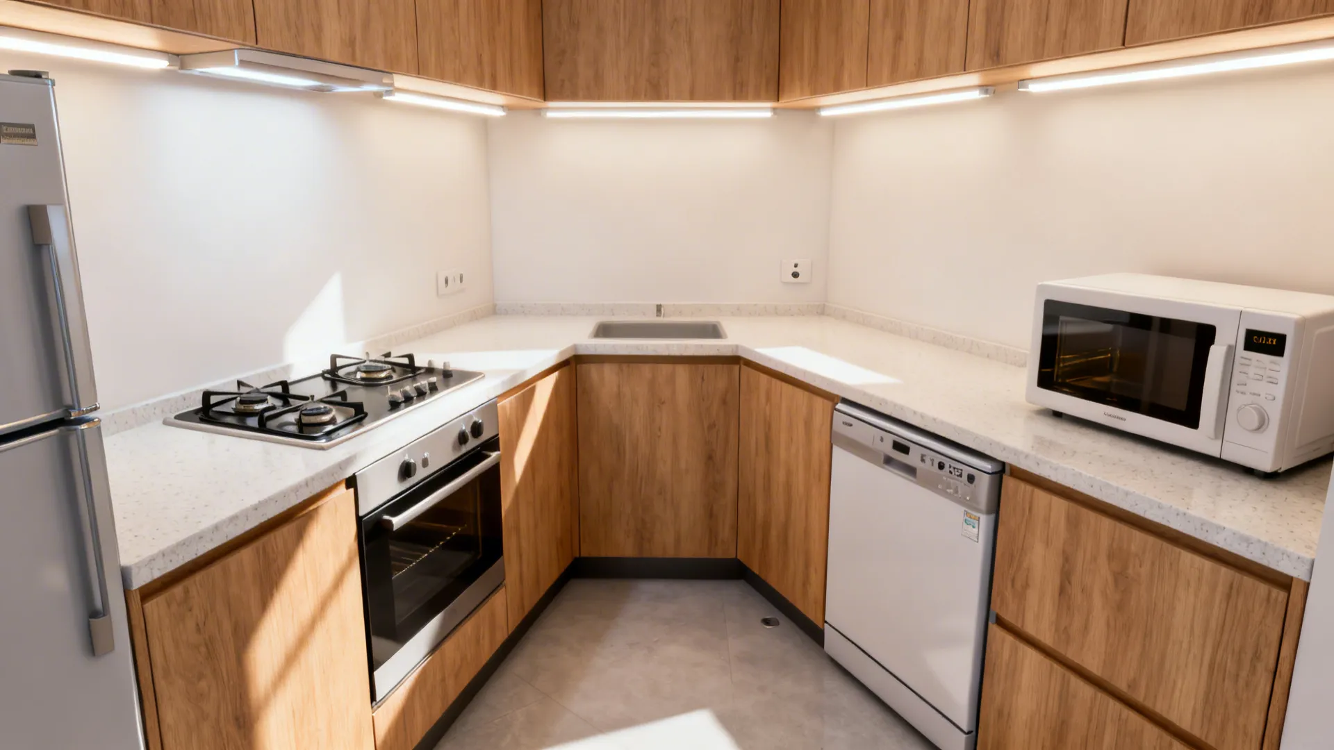 Compact kitchen with slim appliances and warm LED task lighting on an L-shaped counter.