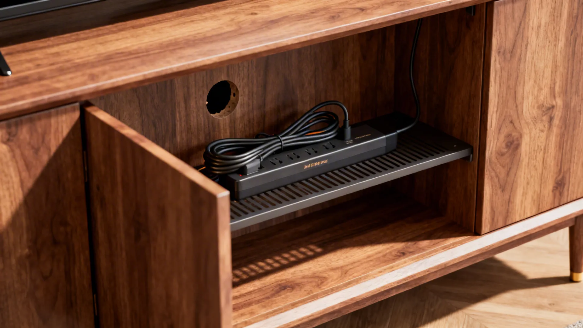 Inside of a TV console showing a surge-protected power strip and neat cable pass-through