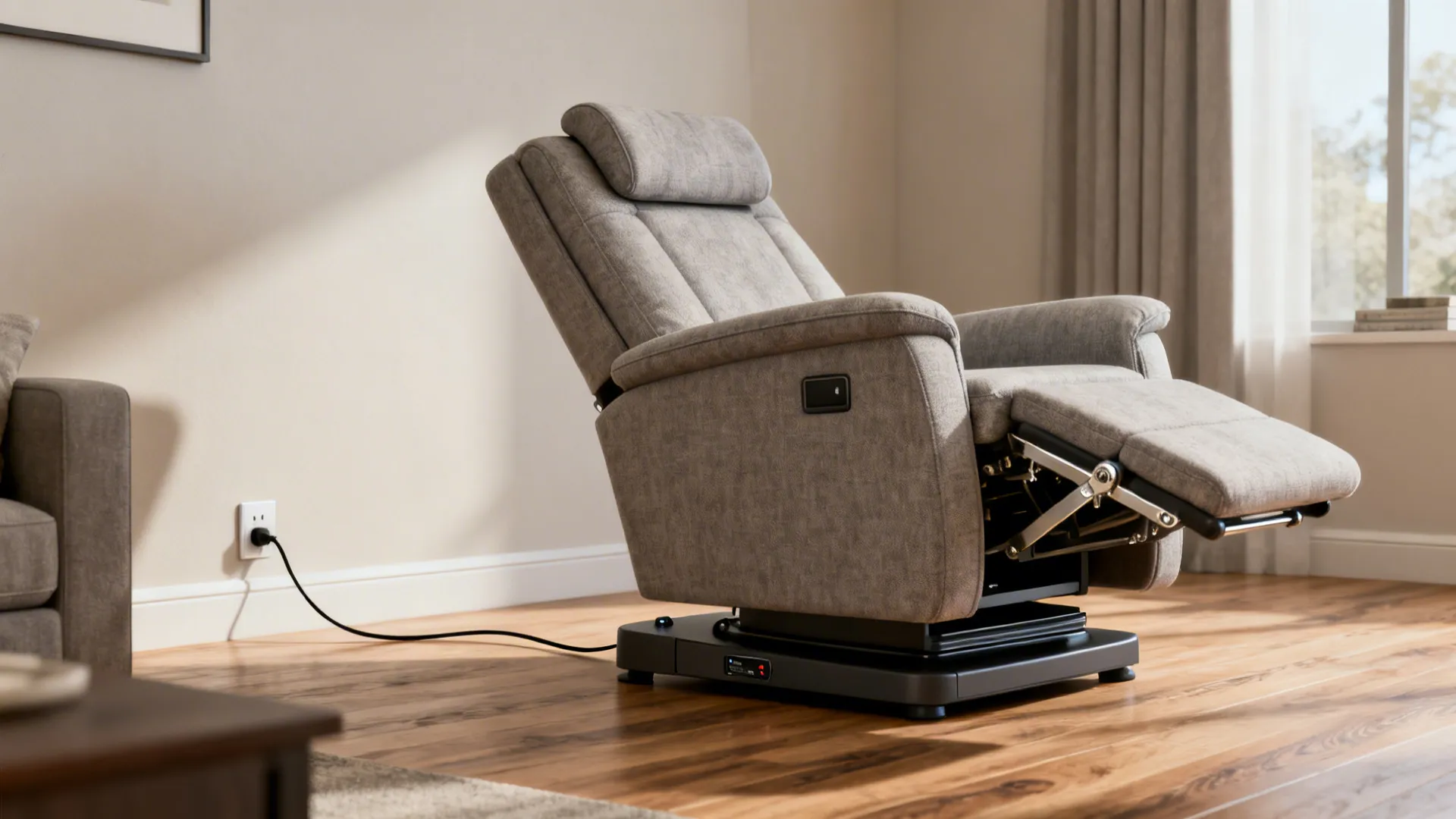 Slim-footprint power-swivel recliner with discreet motor and neatly routed power cord in an accessible living room