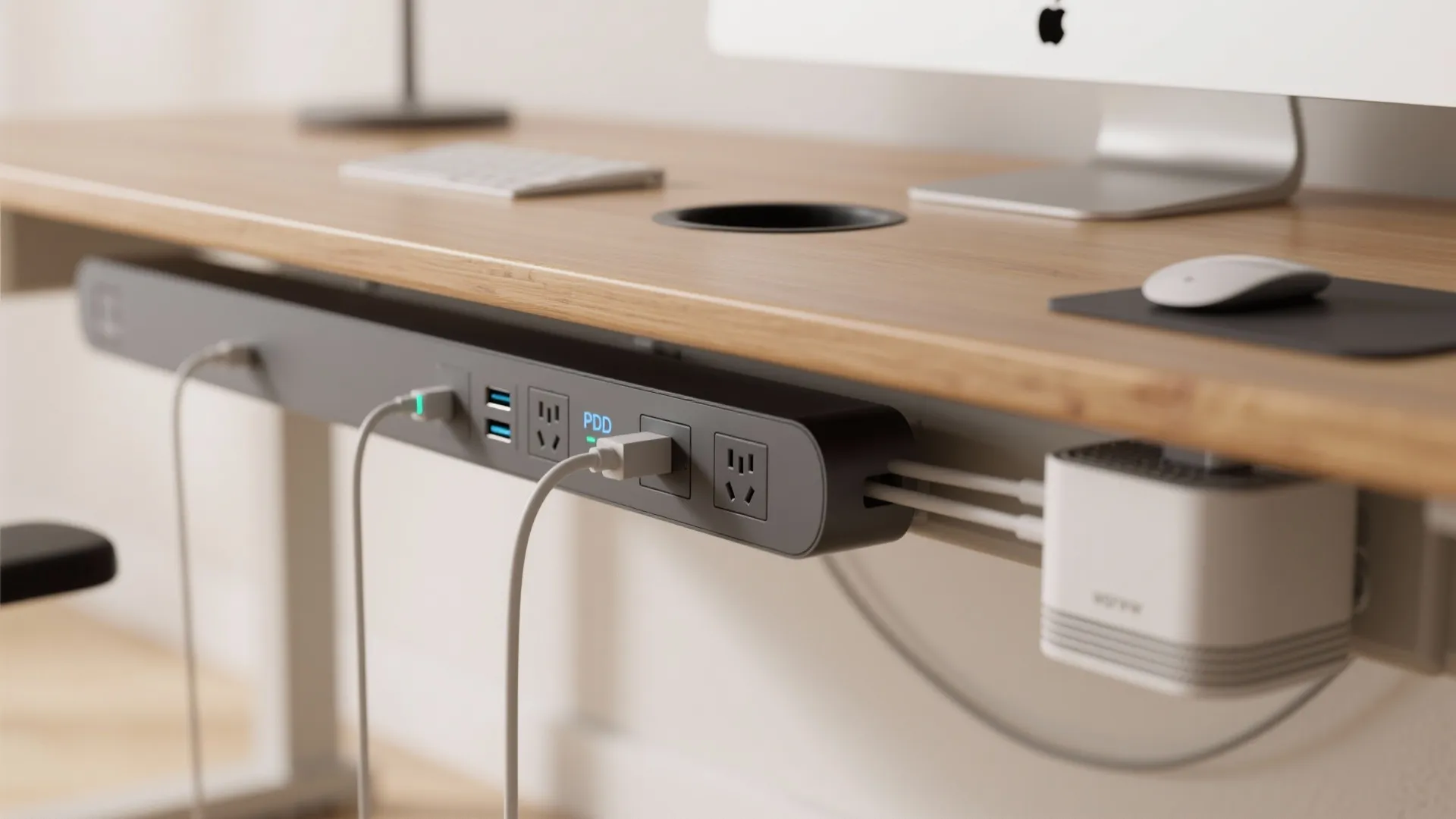 Close up view of power outlet strip mounted under wooden desk with several charging cables
