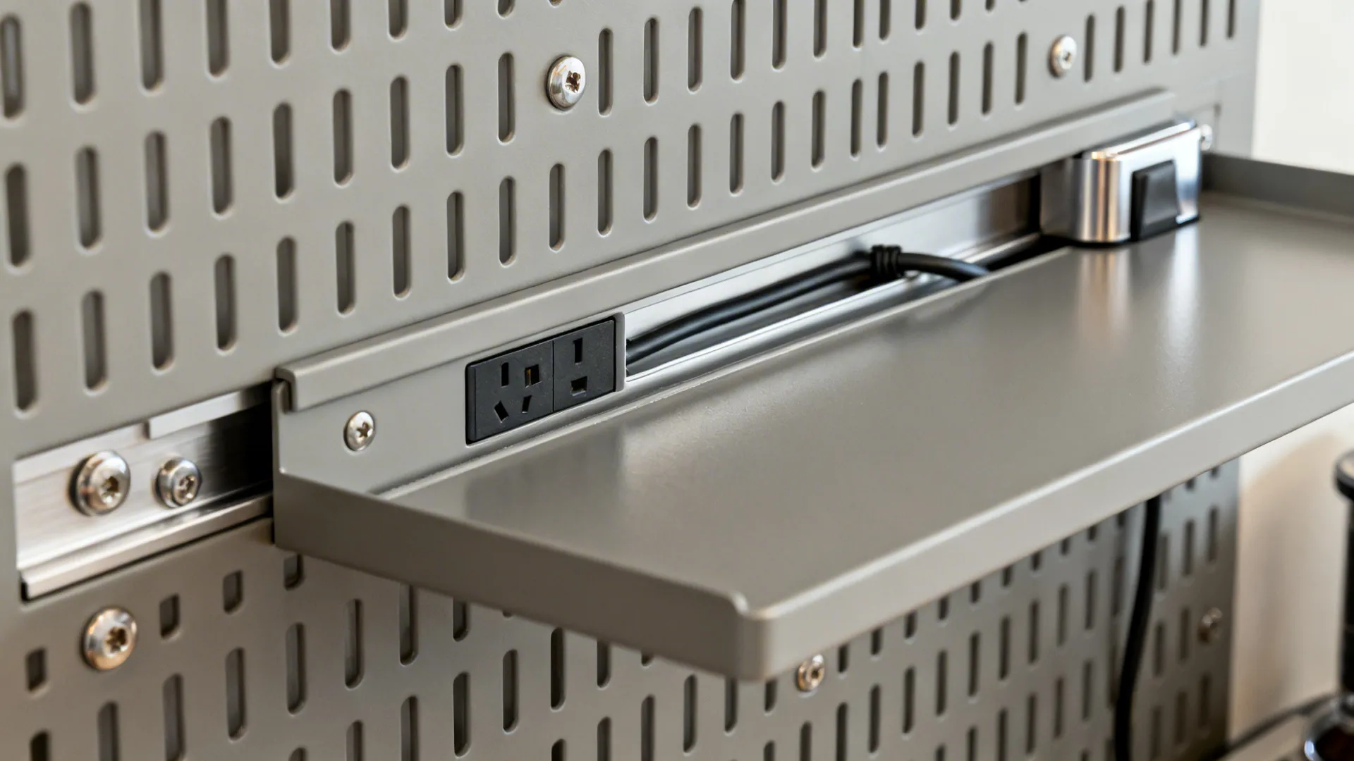 Close up of a grey wall panel featuring a power track and one black socket