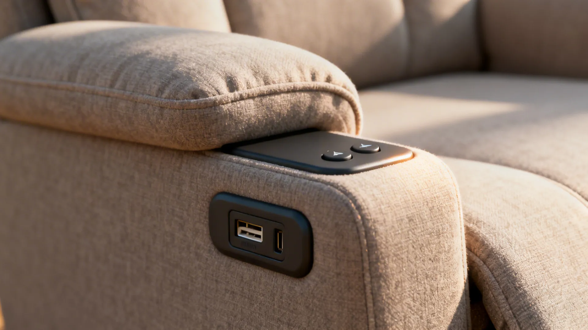Close-up of a petite power recliner armrest with integrated USB port and control buttons.