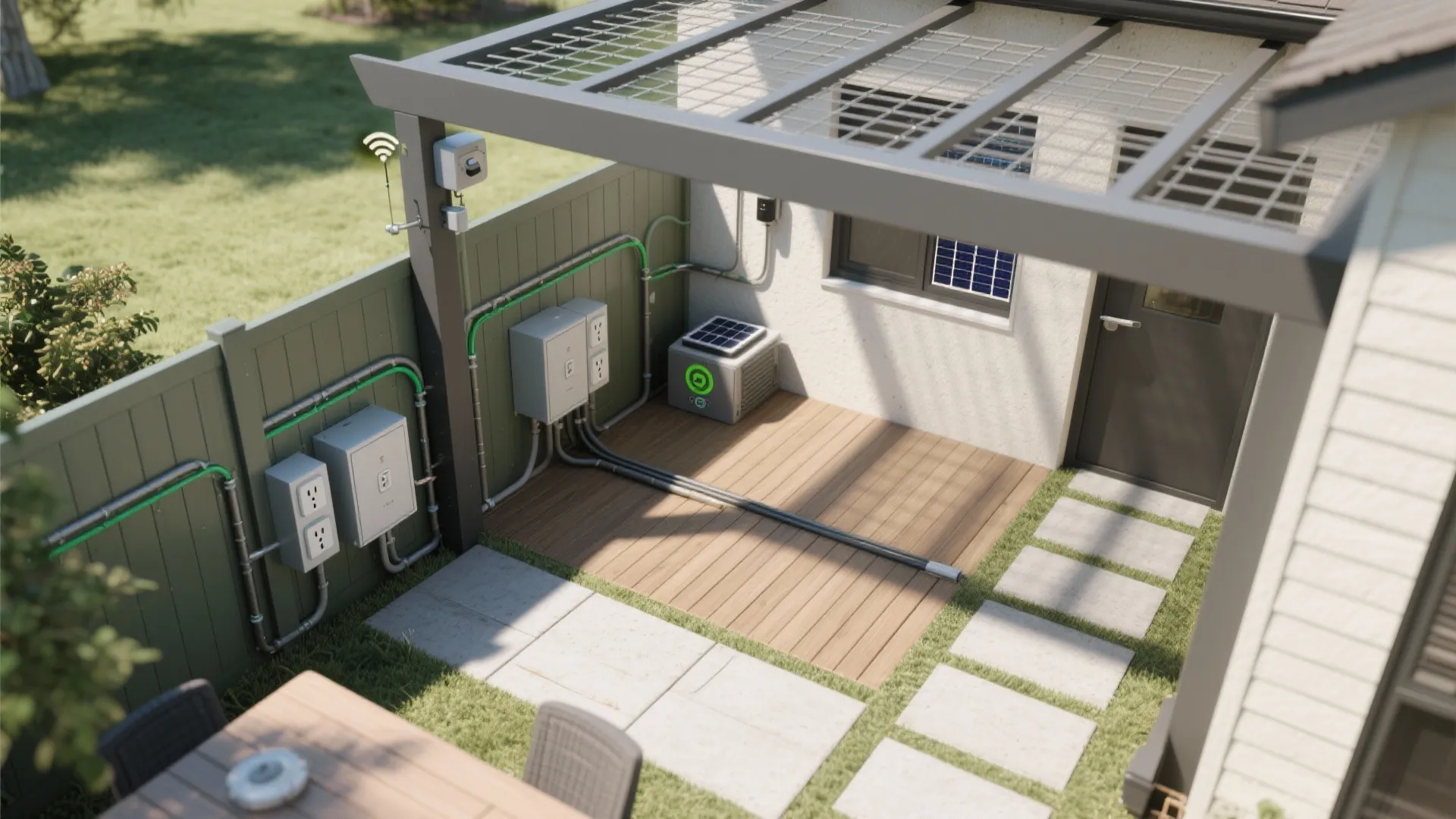 Top-down view of outdoor GFCI outlets in conduit and a Wi‑Fi node under a pergola beam