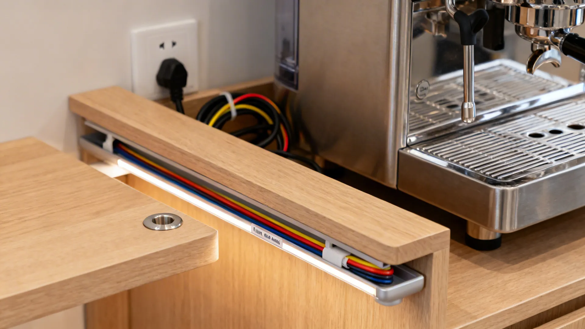 Close up of wooden shelf with light fixture showing colorful electric wires and coffee machine
