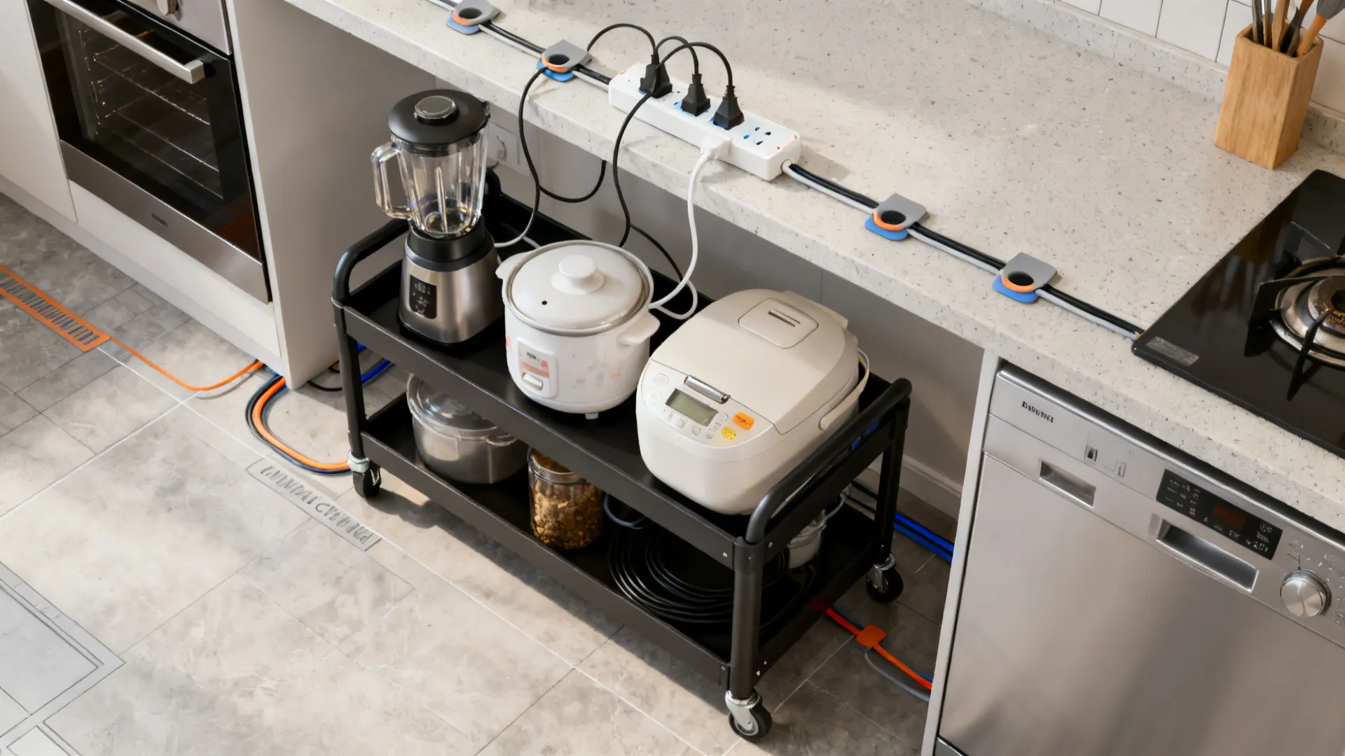 Top-down view of a compact trolley with integrated power and tidy cable routing.