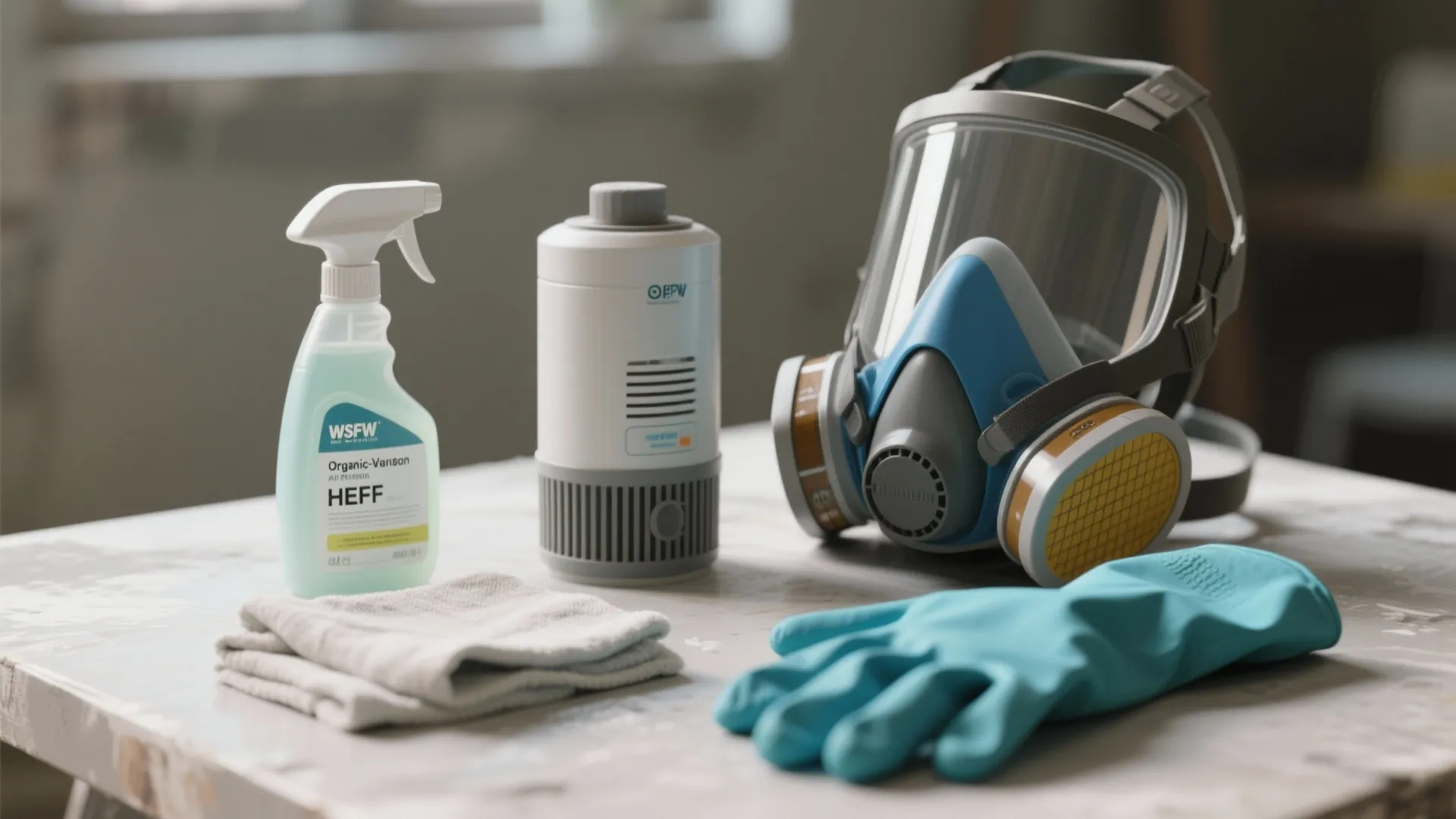 Safety cleaning supplies on table with spray bottle face mask blue gloves and white cloth