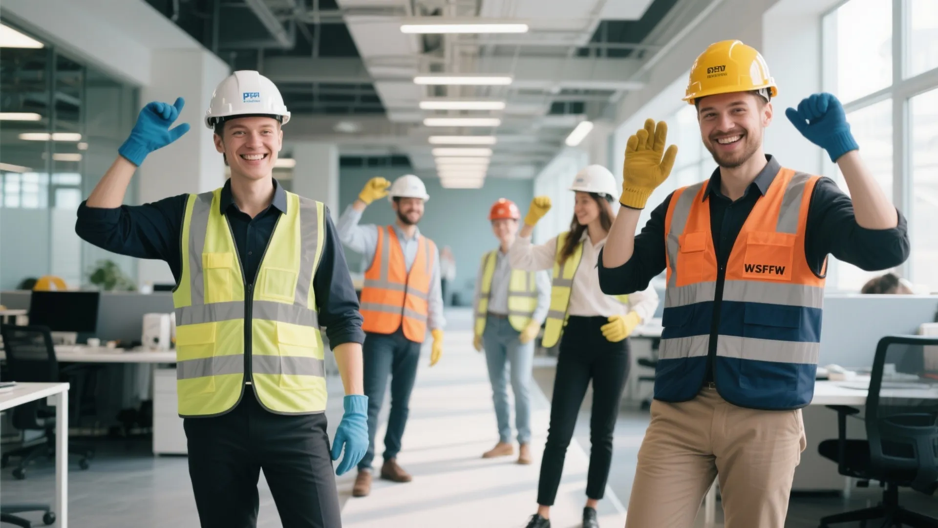Group of workers wearing hard hats and safety vests smiling and waving in a large office