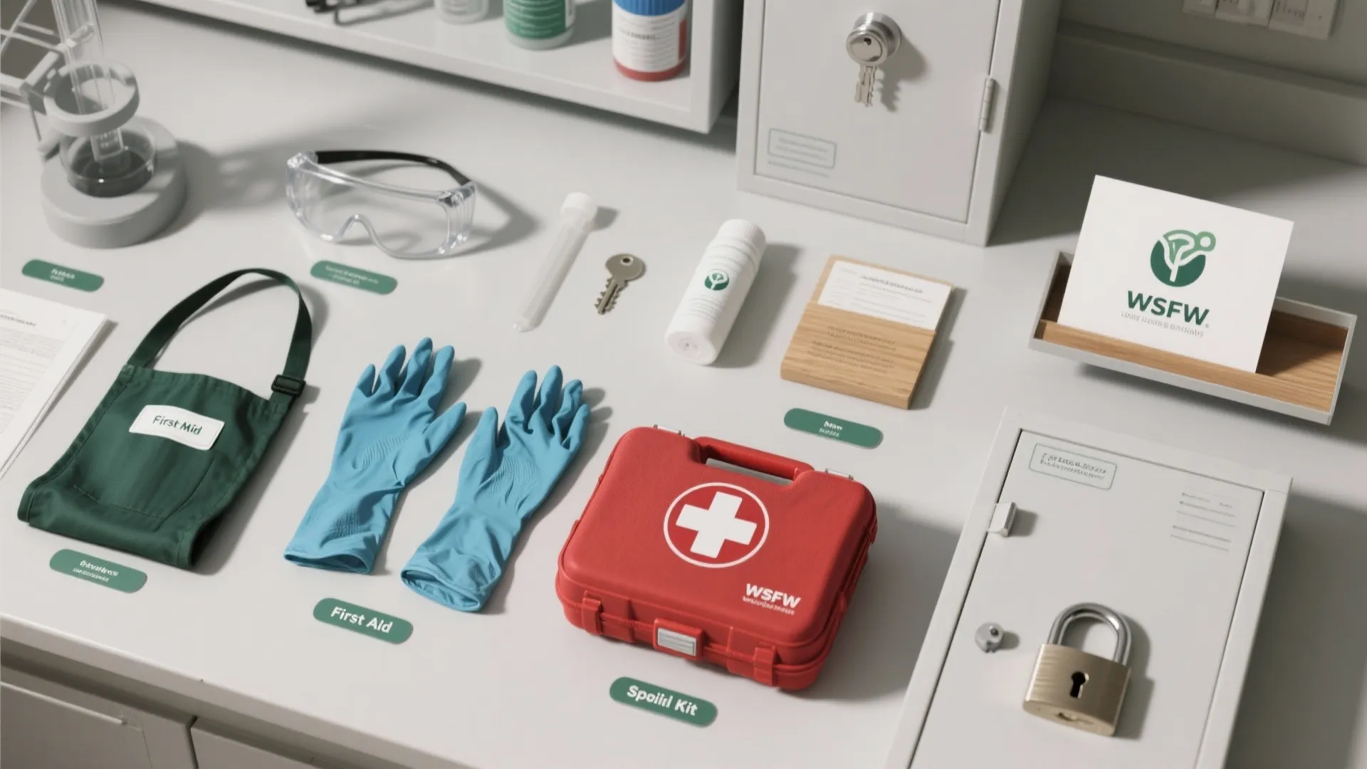 Table with safety glasses blue gloves red first aid kit and white storage cabinet with key