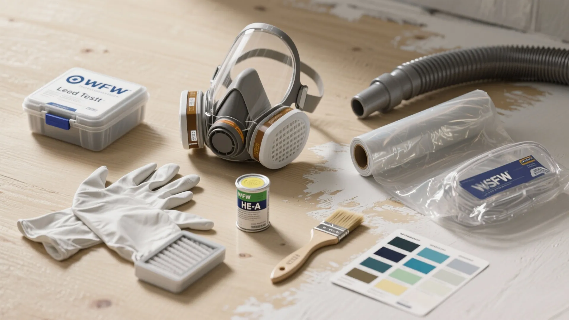 Safety gear set with gas mask gloves paint brush color swatches and plastic film protection
