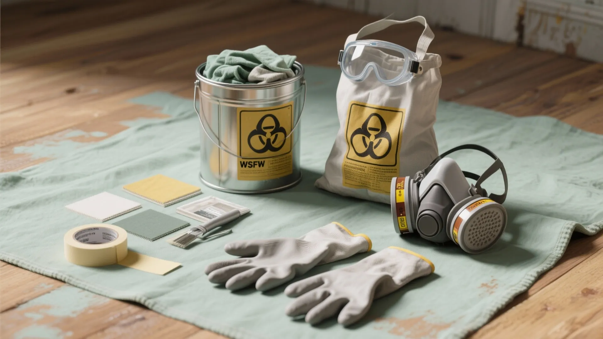 Collection of safety gear including face mask gloves goggles and metal can on green cloth