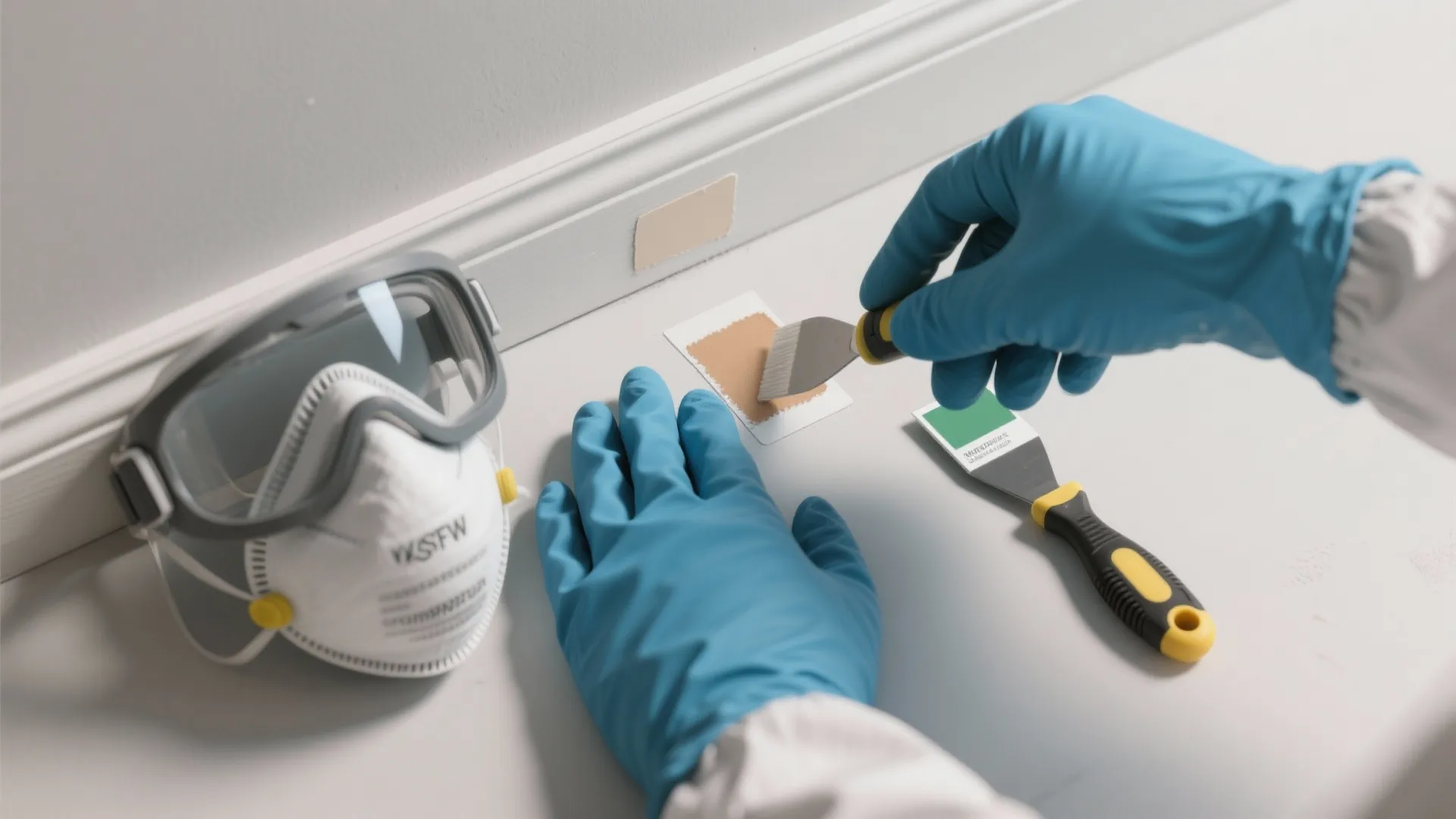Top-down view of PPE (gloves, mask, goggles) and a small concealed test patch area with basic cleaning tools.