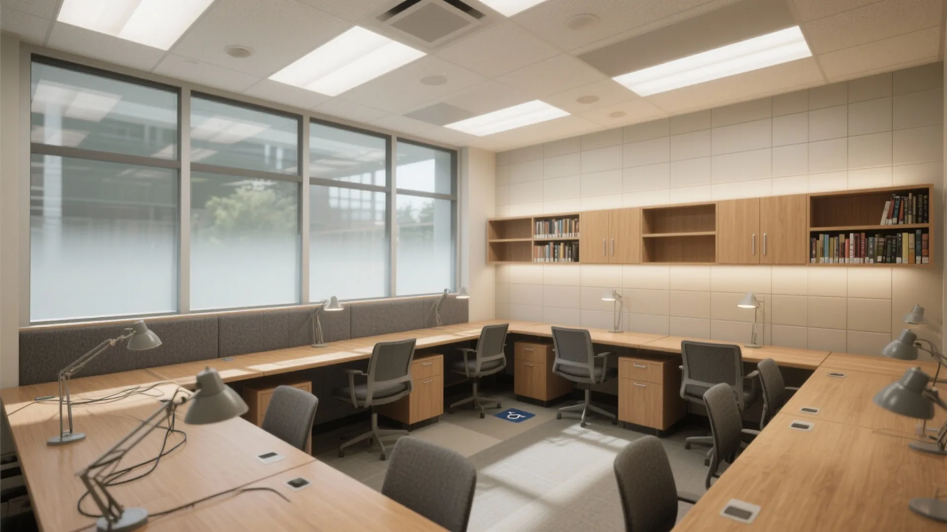 Bright office space featuring long wooden desks grey chairs wall cabinets large windows and desk lamps
