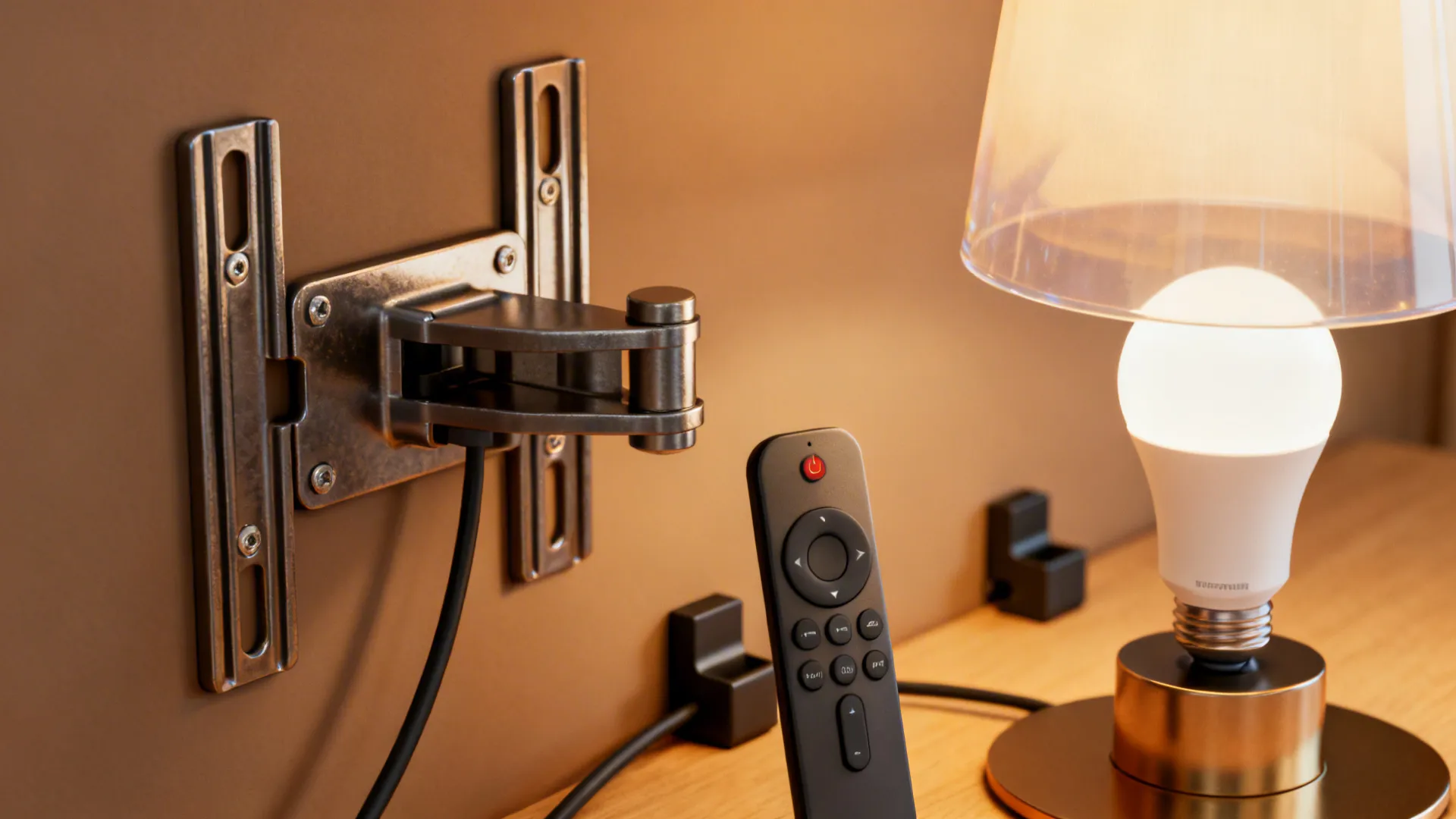 Adjustable mount hardware, dimmable smart bulb, remote and cable clips for TV setup.