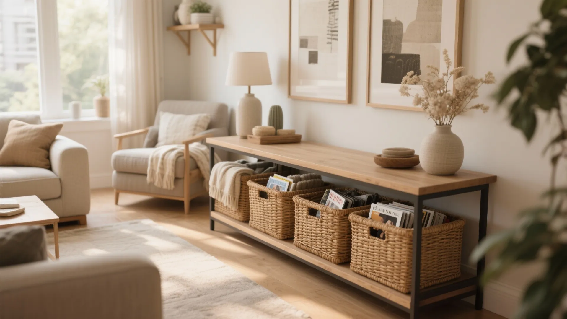 Console table with woven storage baskets below