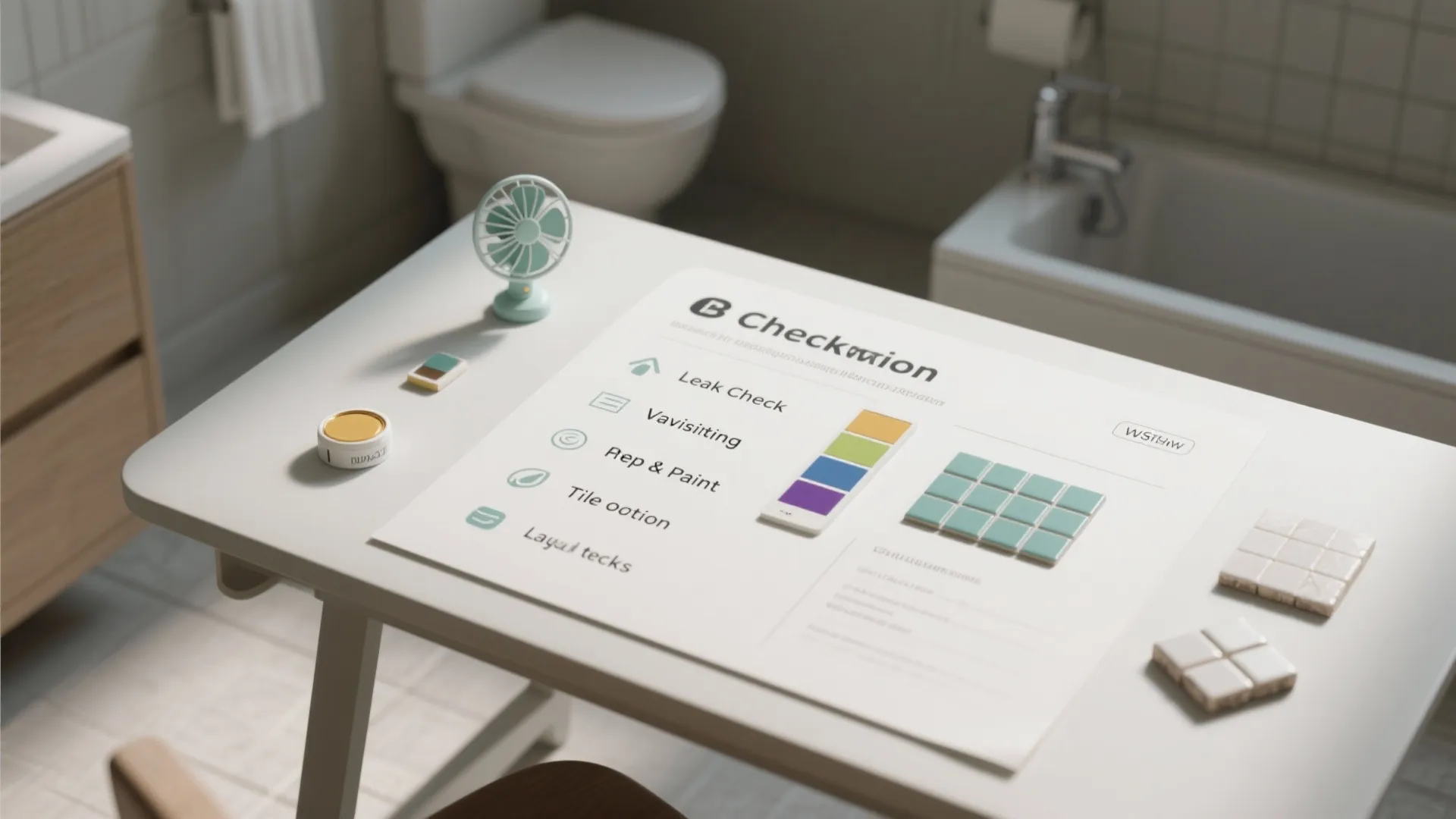 Top-down checklist layout showing leak checks, ventilation, prep and tile options for small bathrooms.