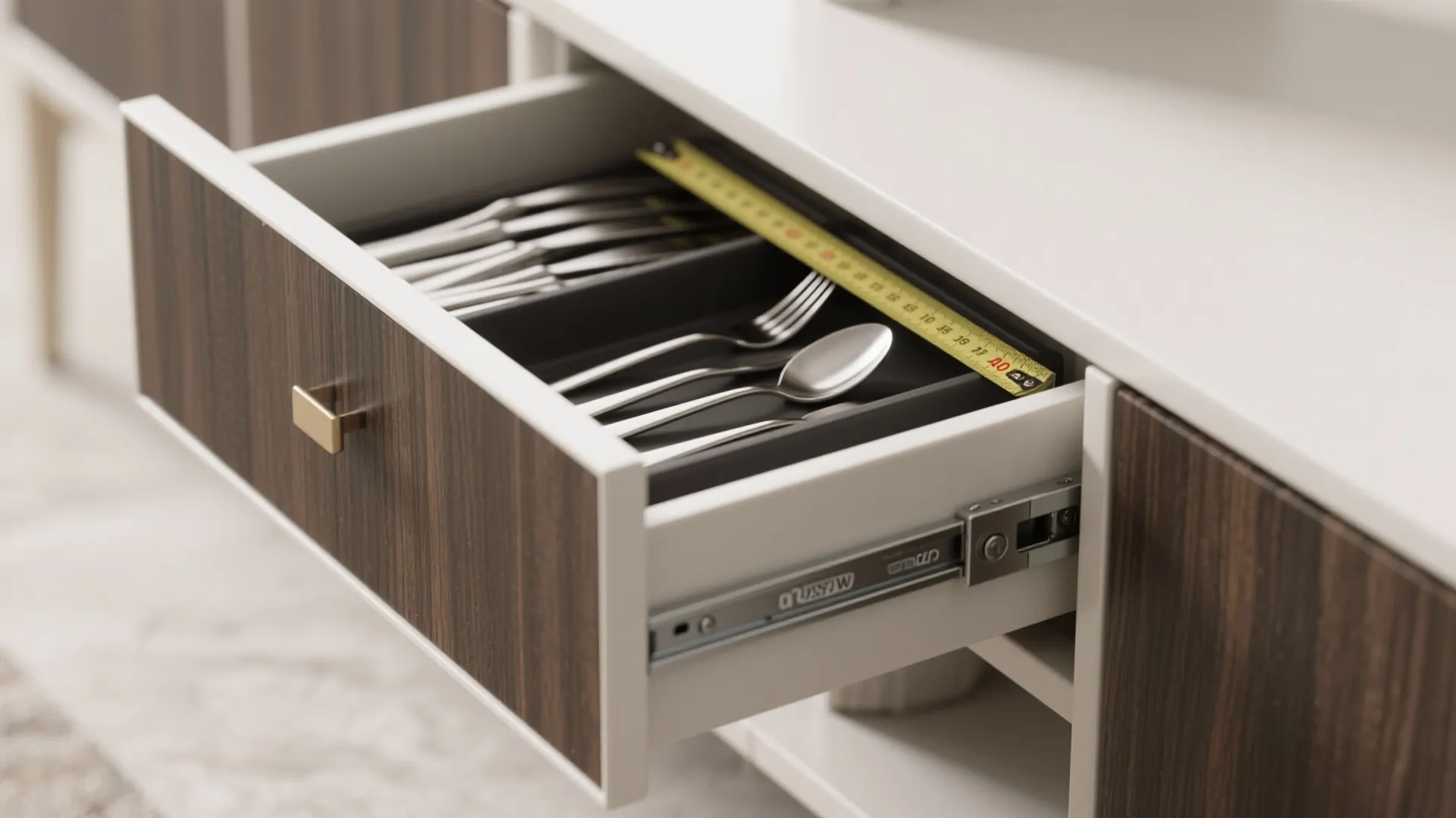 An open wood cabinet drawer with silver spoons and forks and a yellow measuring tape