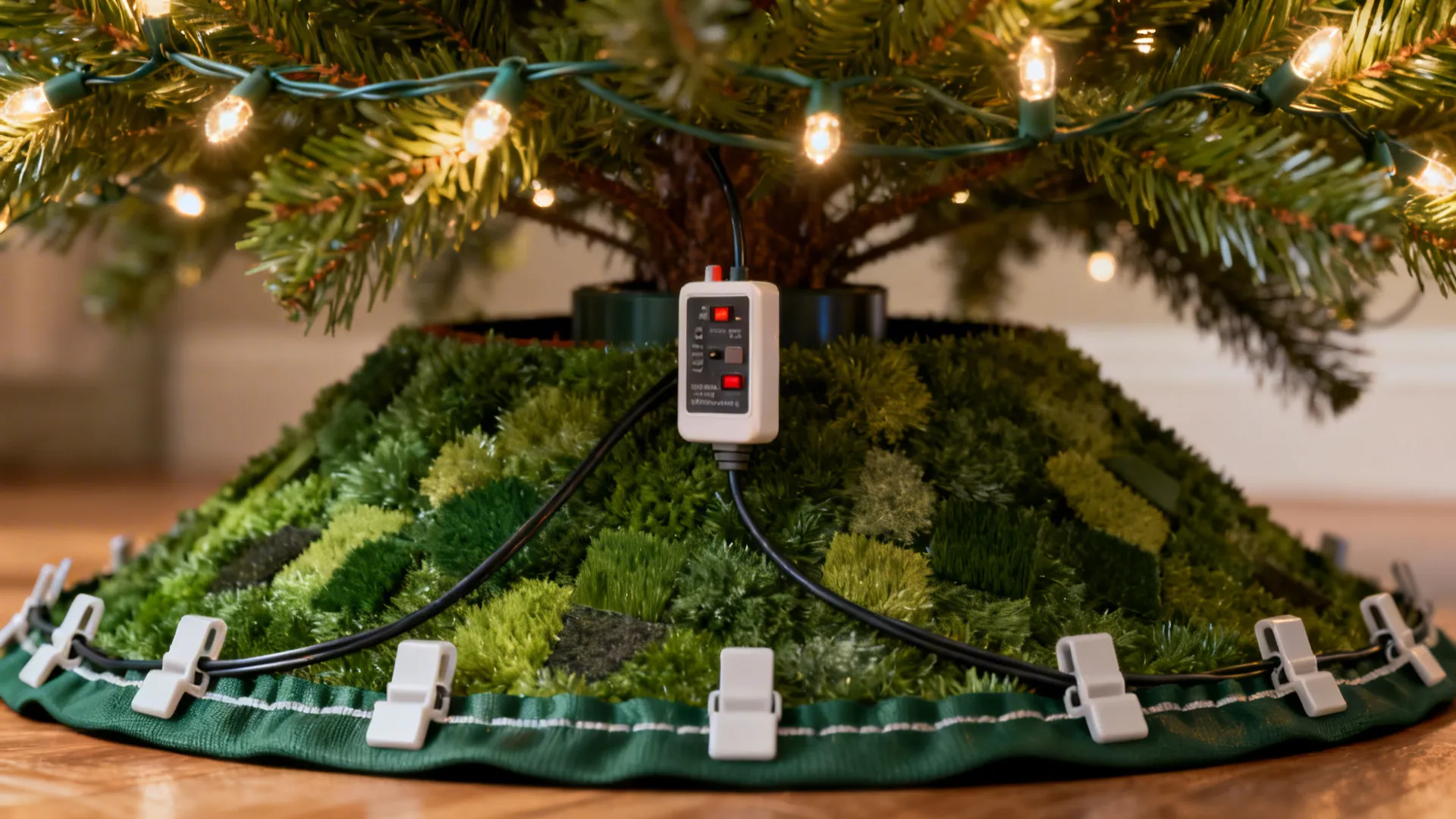 Close-up of battery LED lights, cord clips, weighted base and mixed greenery for safe small-space decorating.