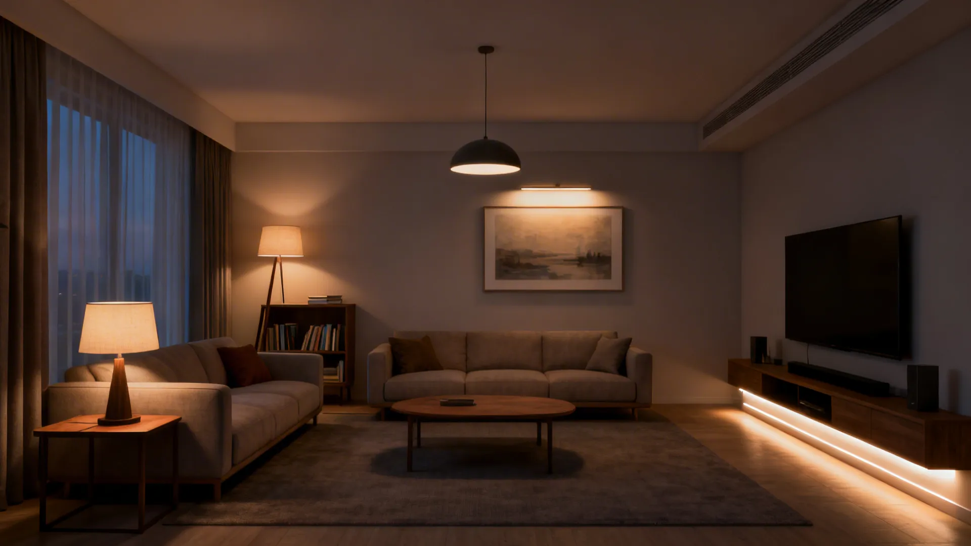 Rectangular living room showing recommended fixture placements for balanced layered lighting.