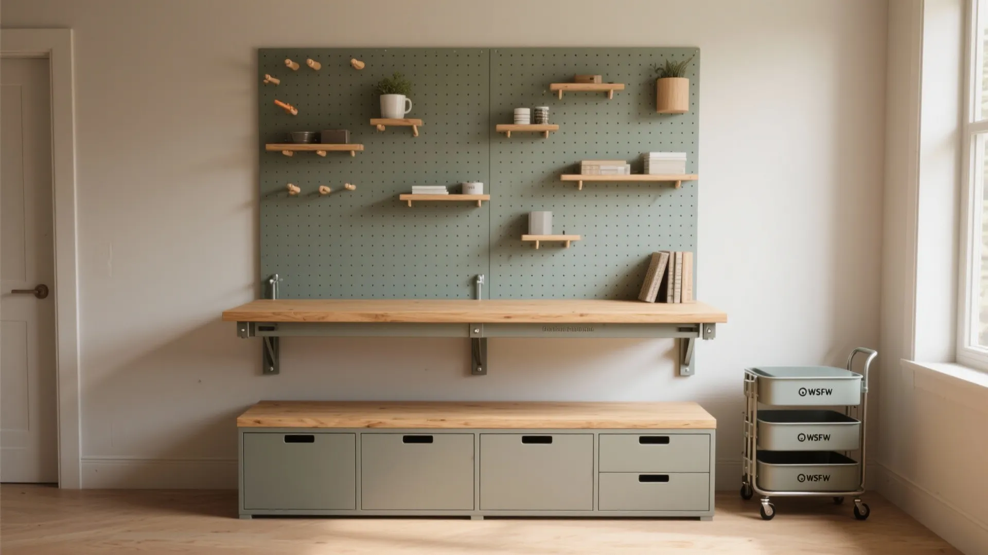 A green pegboard with small shelves above a wooden desk and a storage cabinet below