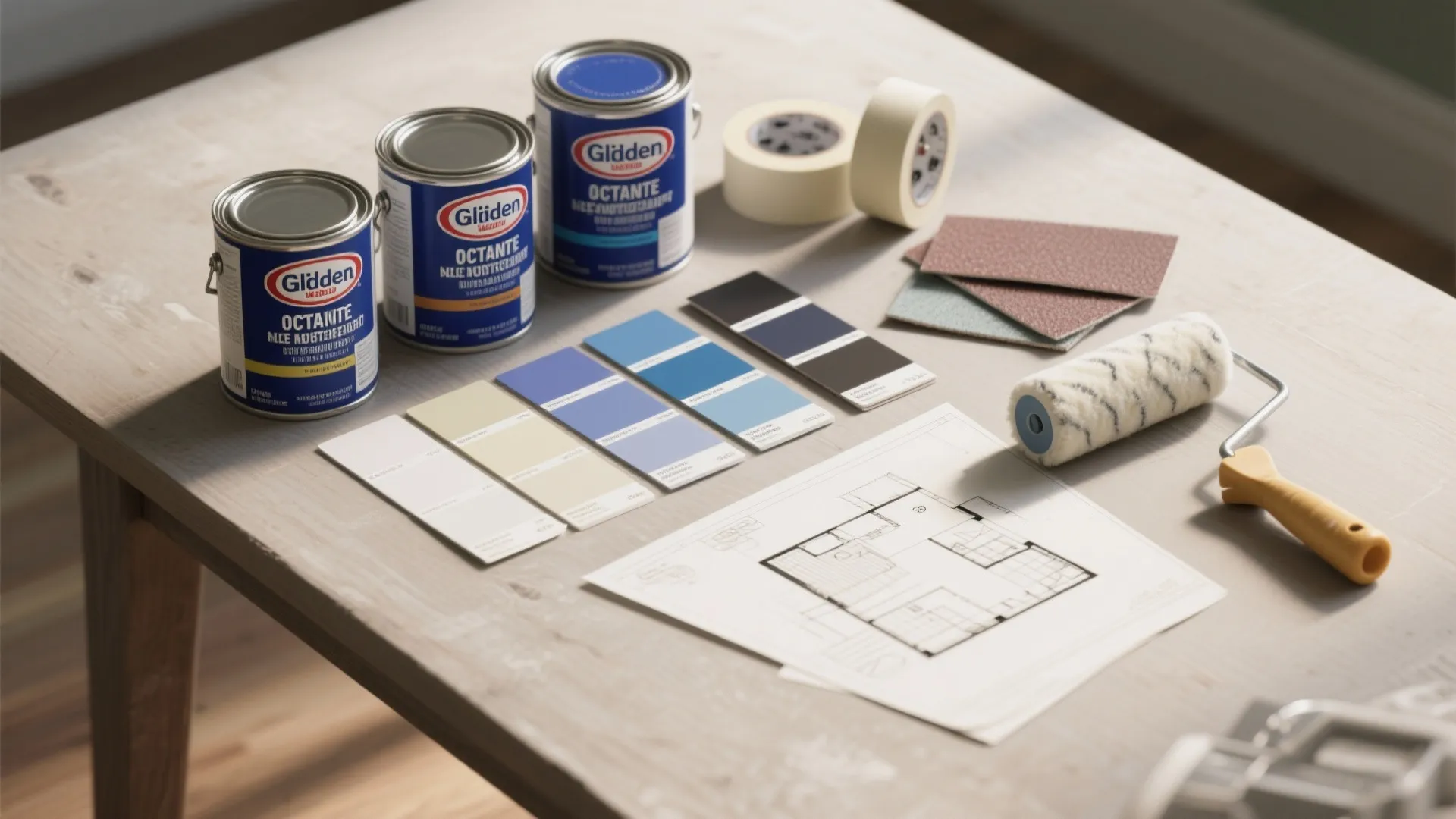 Top-down flatlay of paint swatches, tools, and a small floorplan sketch for project planning and budgeting.