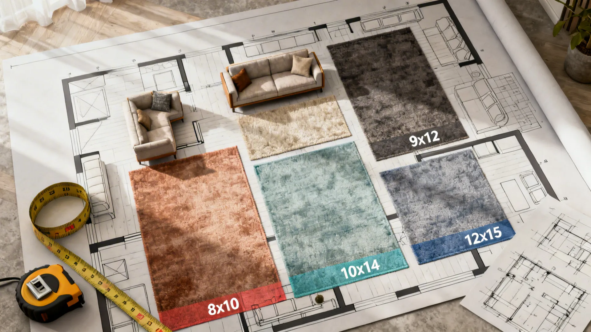 Top-down floor planner showing multiple rug sizes over a living room layout with furniture footprints.