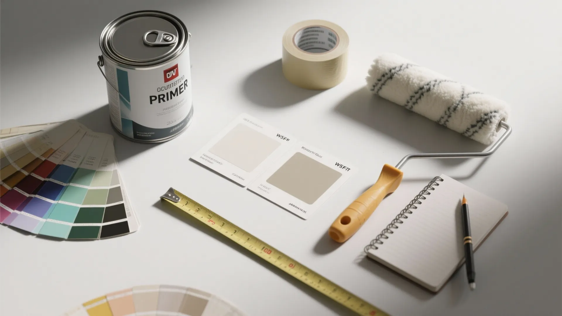 Paint bucket with color swatches tape measure and paint roller on table for home renovation project